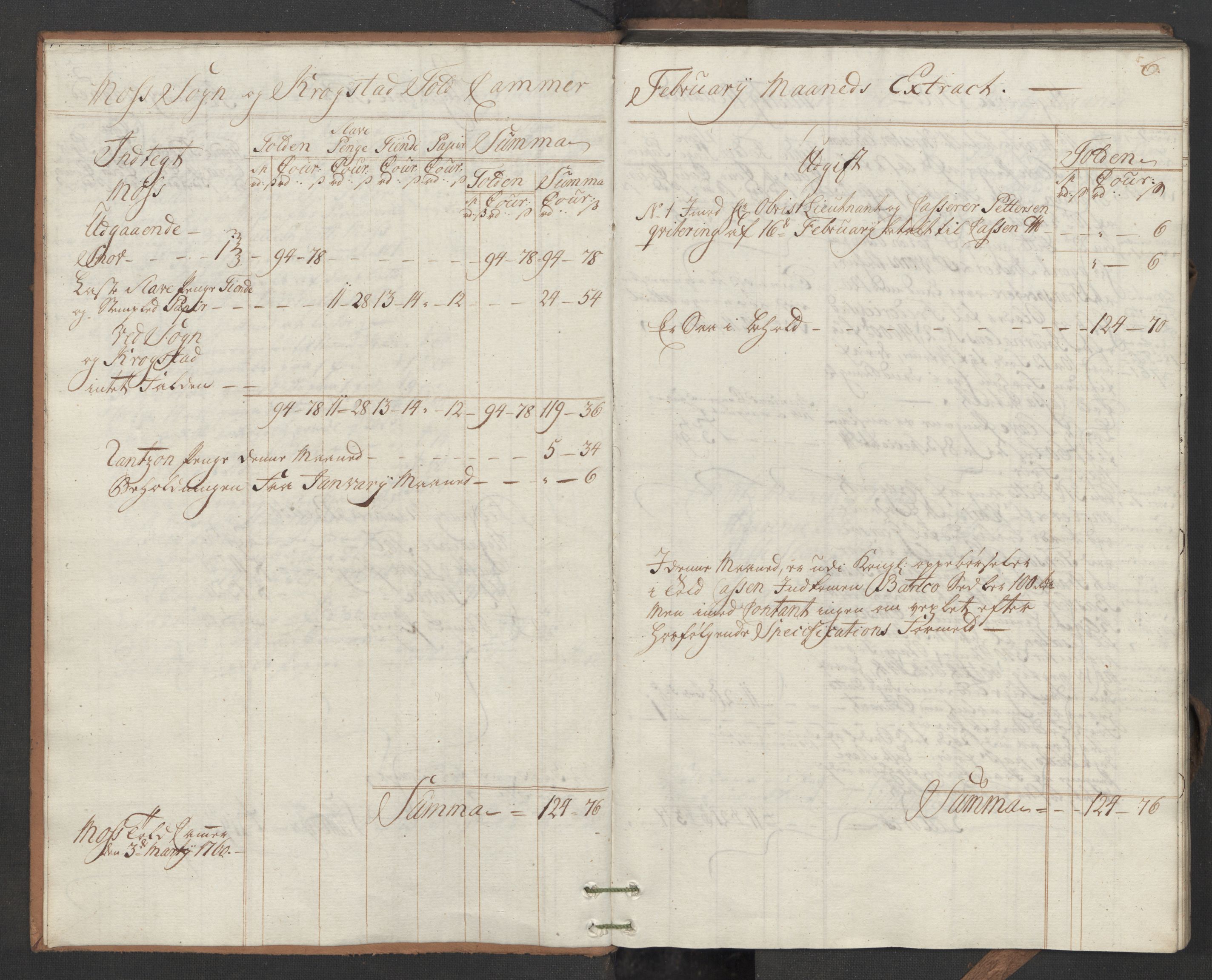 Generaltollkammeret, tollregnskaper, AV/RA-EA-5490/R05/L0035/0001: Tollregnskaper Moss, Son, Krokstad / Utgående hovedtollbok, 1760