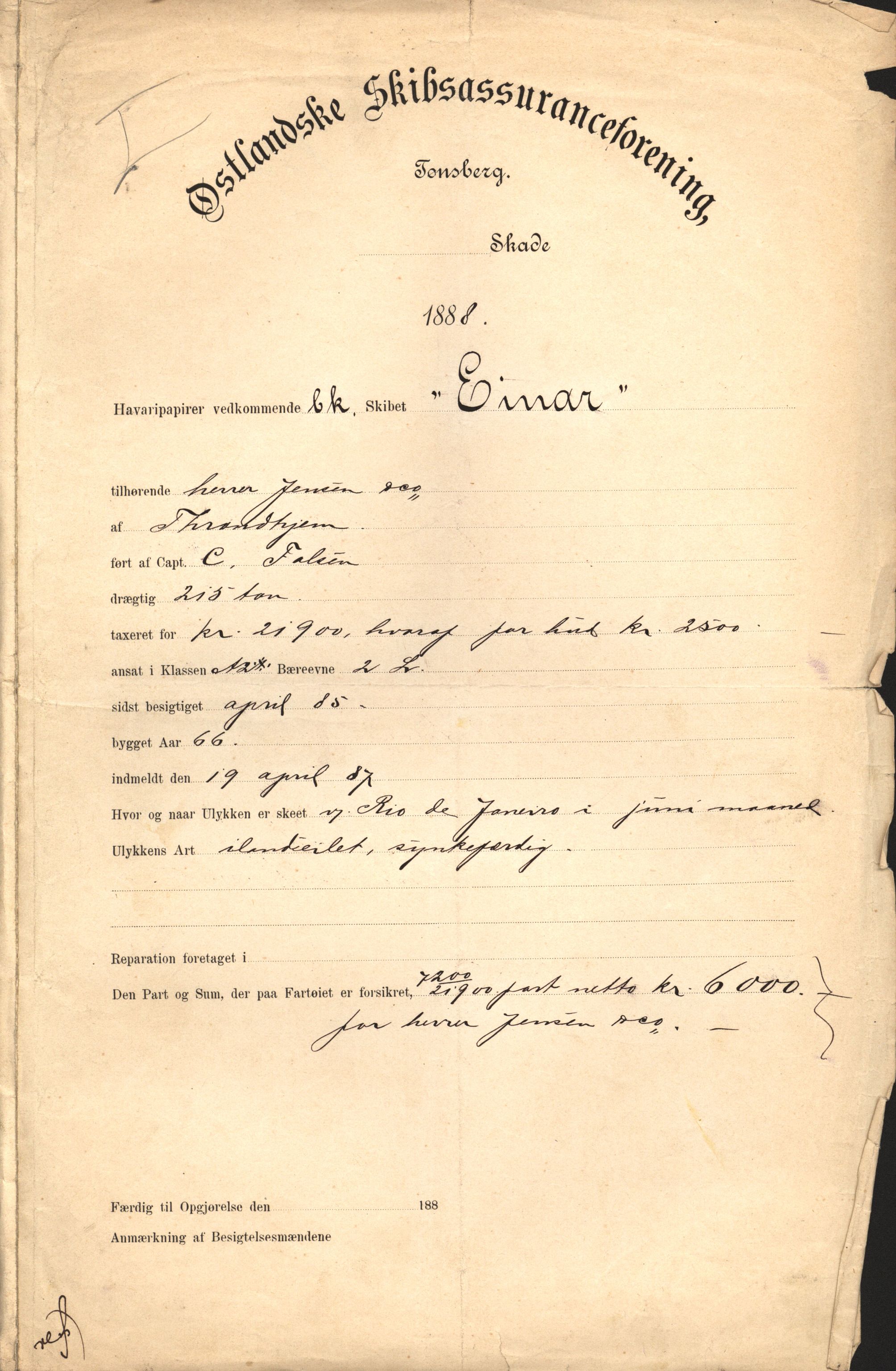 Pa 63 - Østlandske skibsassuranceforening, VEMU/A-1079/G/Ga/L0023/0003: Havaridokumenter / Else Katrine, Einar, Ethel, Finland, Favour, 1888, s. 7