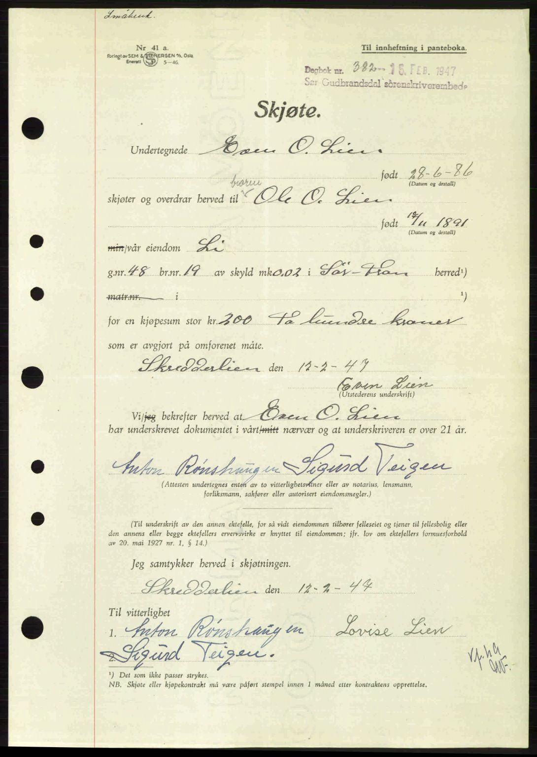 Sør-Gudbrandsdal tingrett, SAH/TING-004/H/Hb/Hbd/L0018: Pantebok nr. A18, 1947-1947, Dagboknr: 382/1947