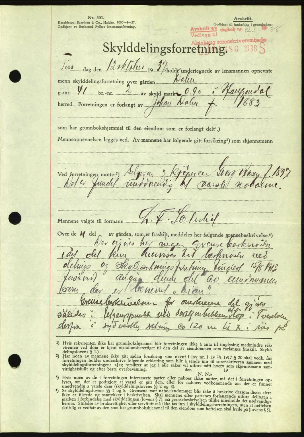 Alstahaug sorenskriveri, SAT/A-1009: Pantebok nr. A3, 1937-1938, Dagboknr: 423/1938