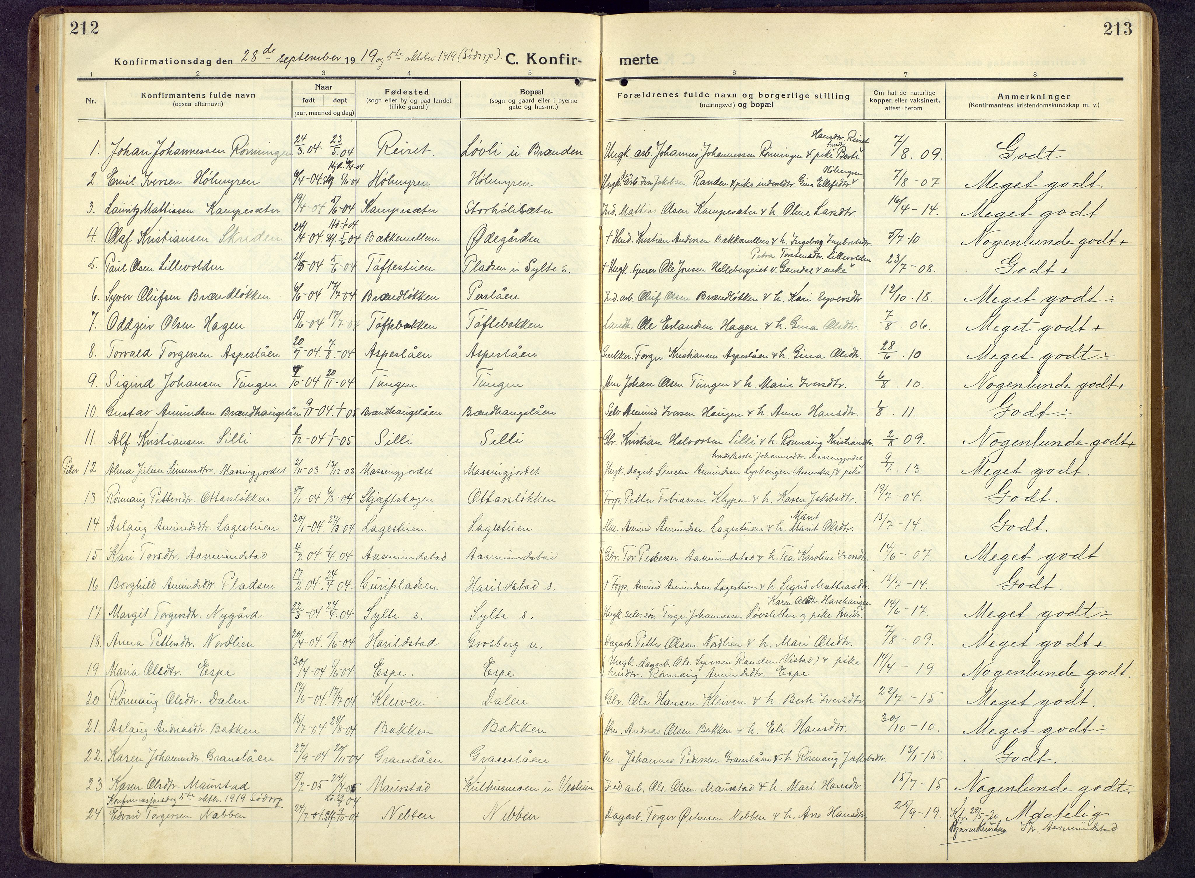 Nord-Fron prestekontor, AV/SAH-PREST-080/H/Ha/Hab/L0009: Klokkerbok nr. 9, 1915-1958, s. 212-213