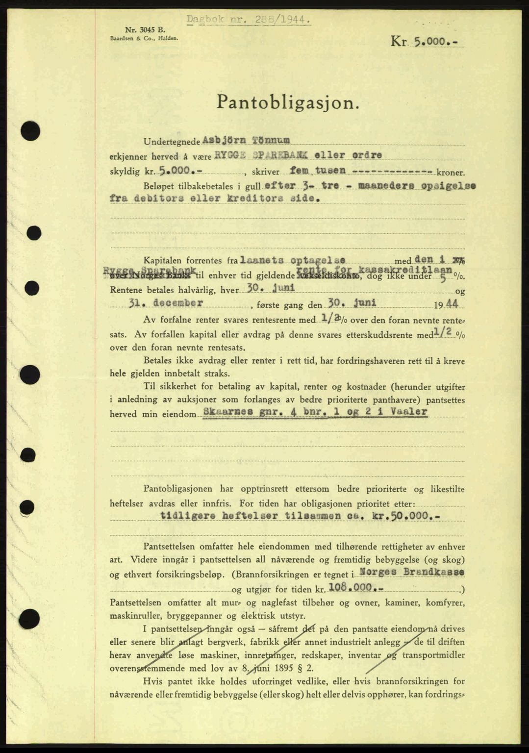 Moss sorenskriveri, SAO/A-10168: Pantebok nr. B13, 1943-1945, Dagboknr: 288/1944
