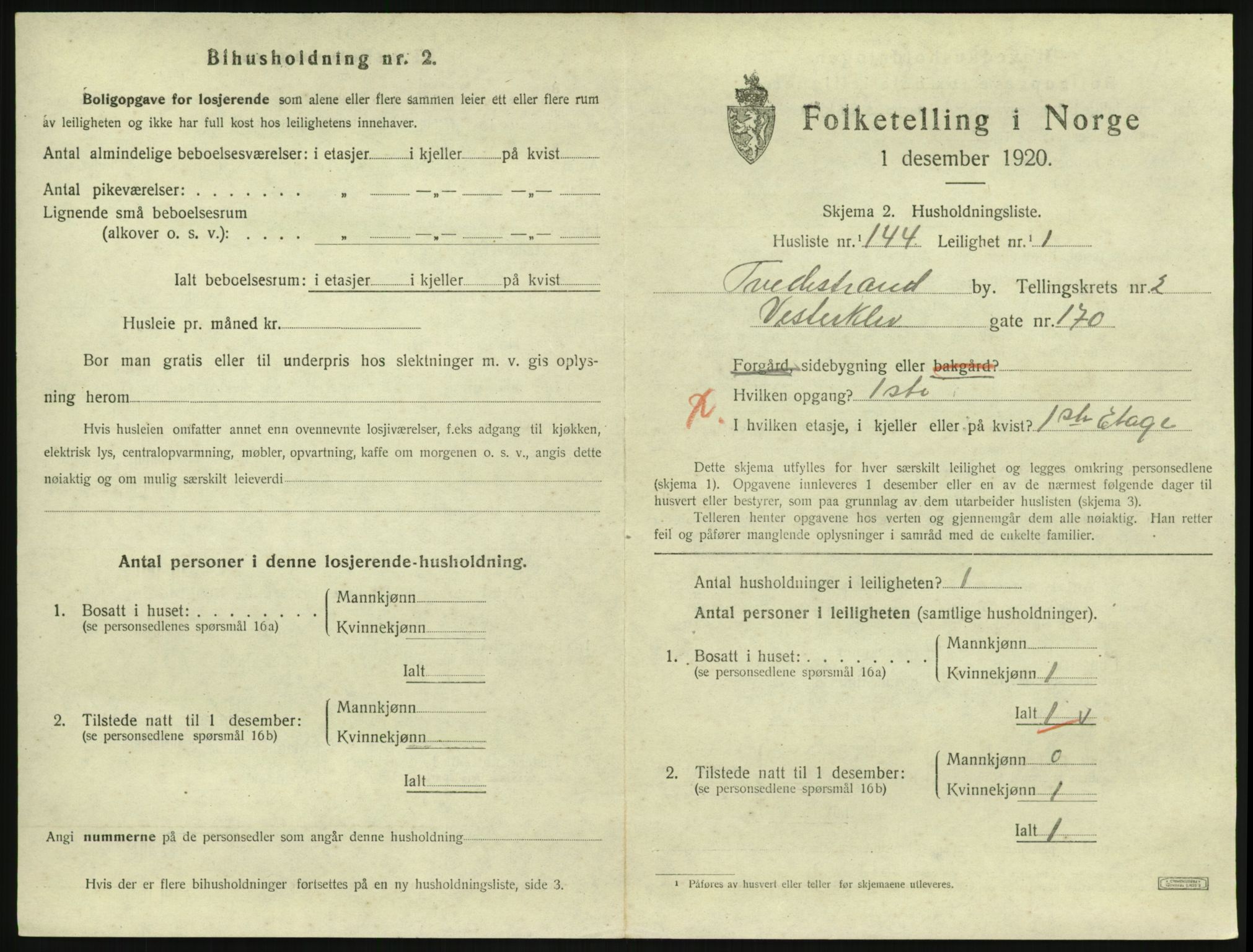 SAK, Folketelling 1920 for 0902 Tvedestrand ladested, 1920, s. 1313