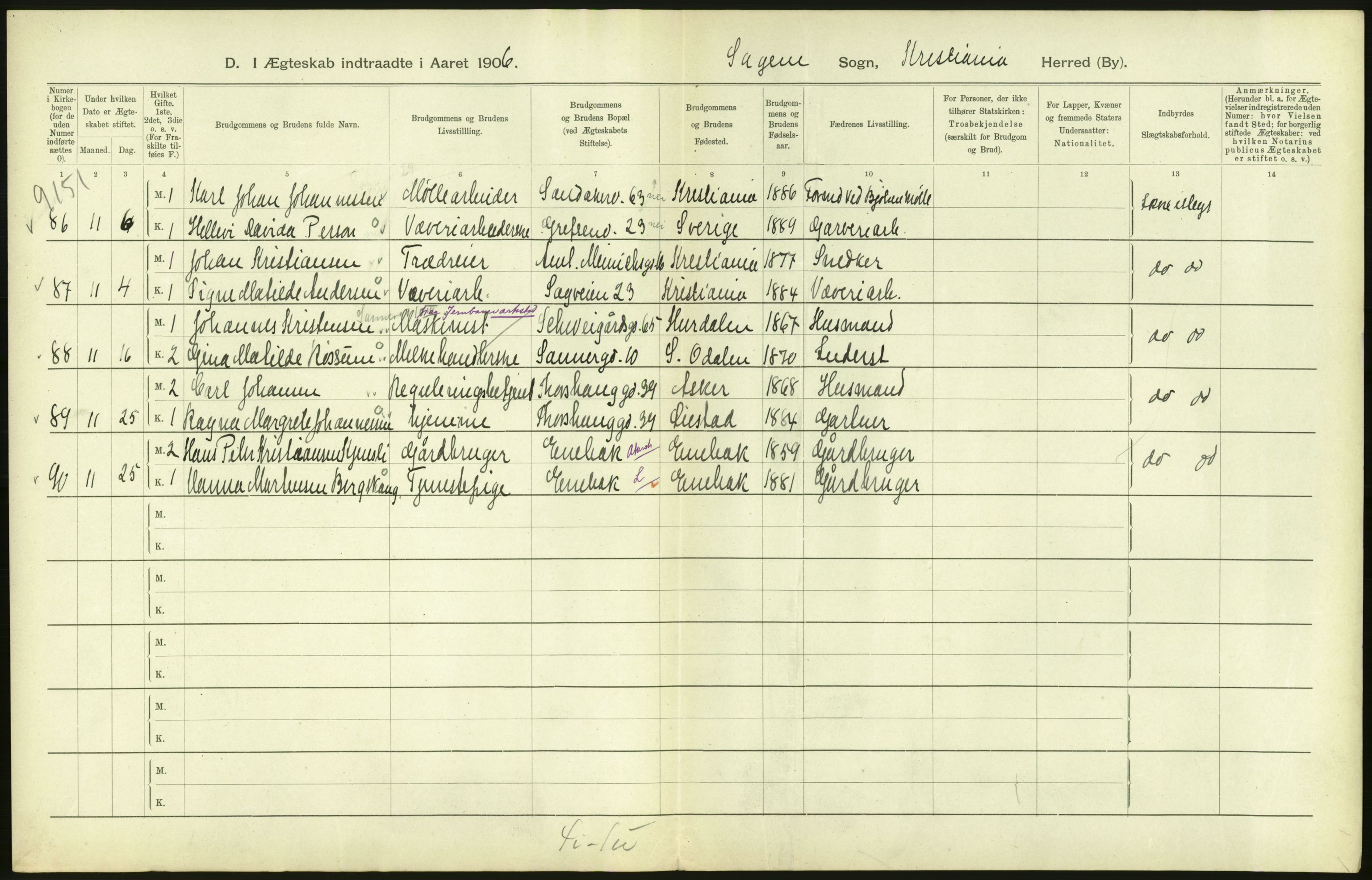 Statistisk sentralbyrå, Sosiodemografiske emner, Befolkning, AV/RA-S-2228/D/Df/Dfa/Dfad/L0008: Kristiania: Gifte, 1906, s. 420