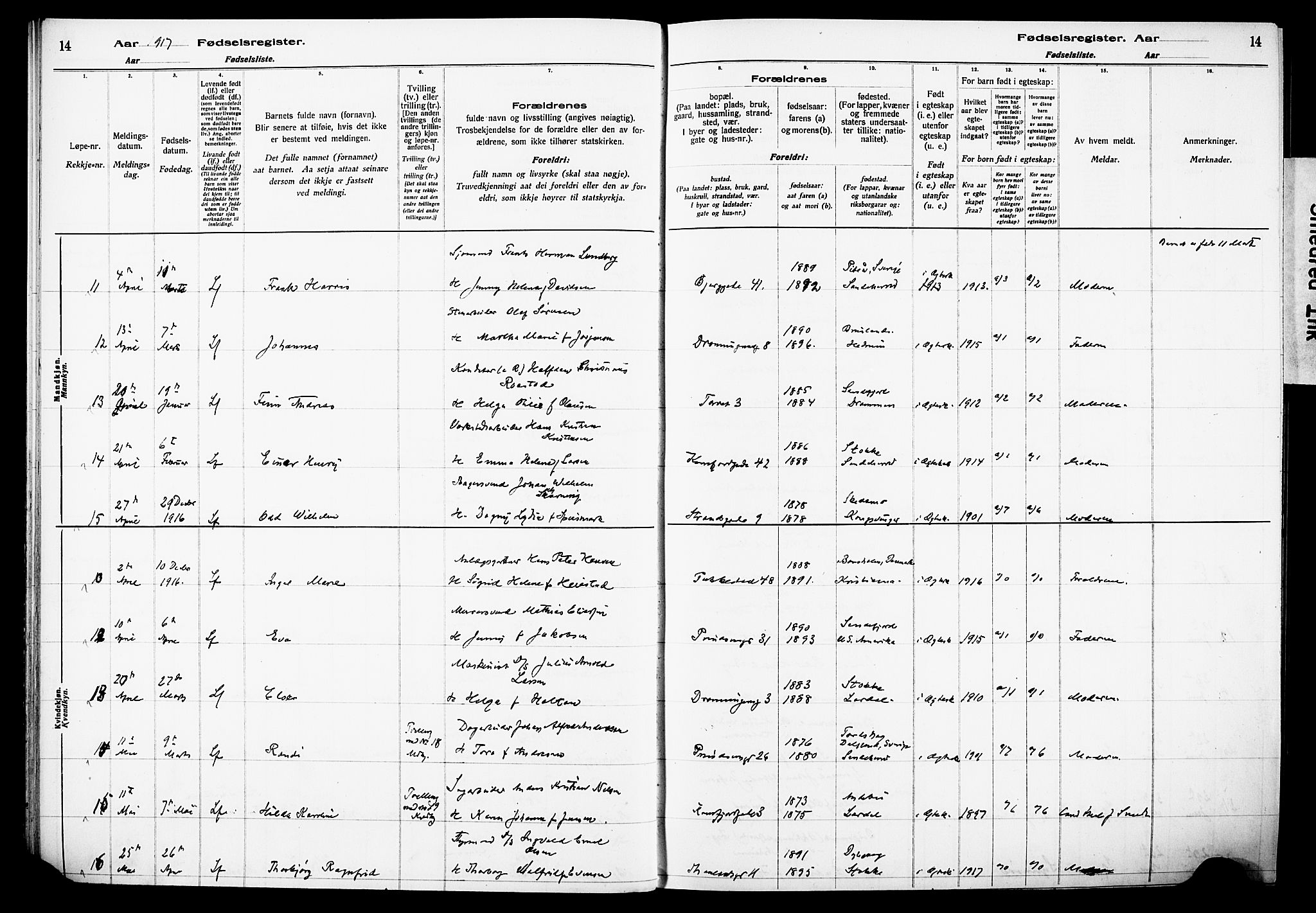 Sandefjord kirkebøker, AV/SAKO-A-315/J/Ja/L0001: Fødselsregister nr. 1, 1916-1932, s. 14