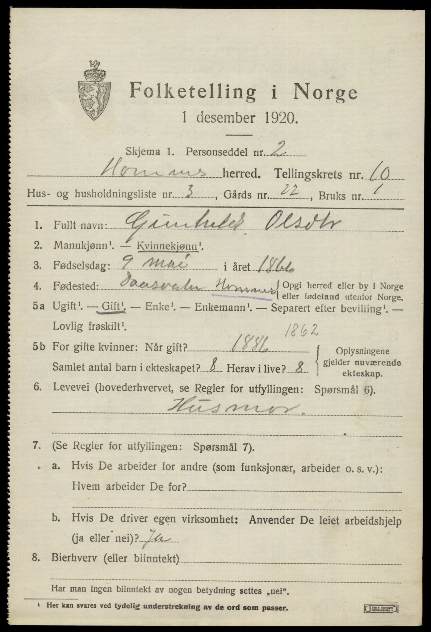 SAK, Folketelling 1920 for 0936 Hornnes herred, 1920, s. 2525