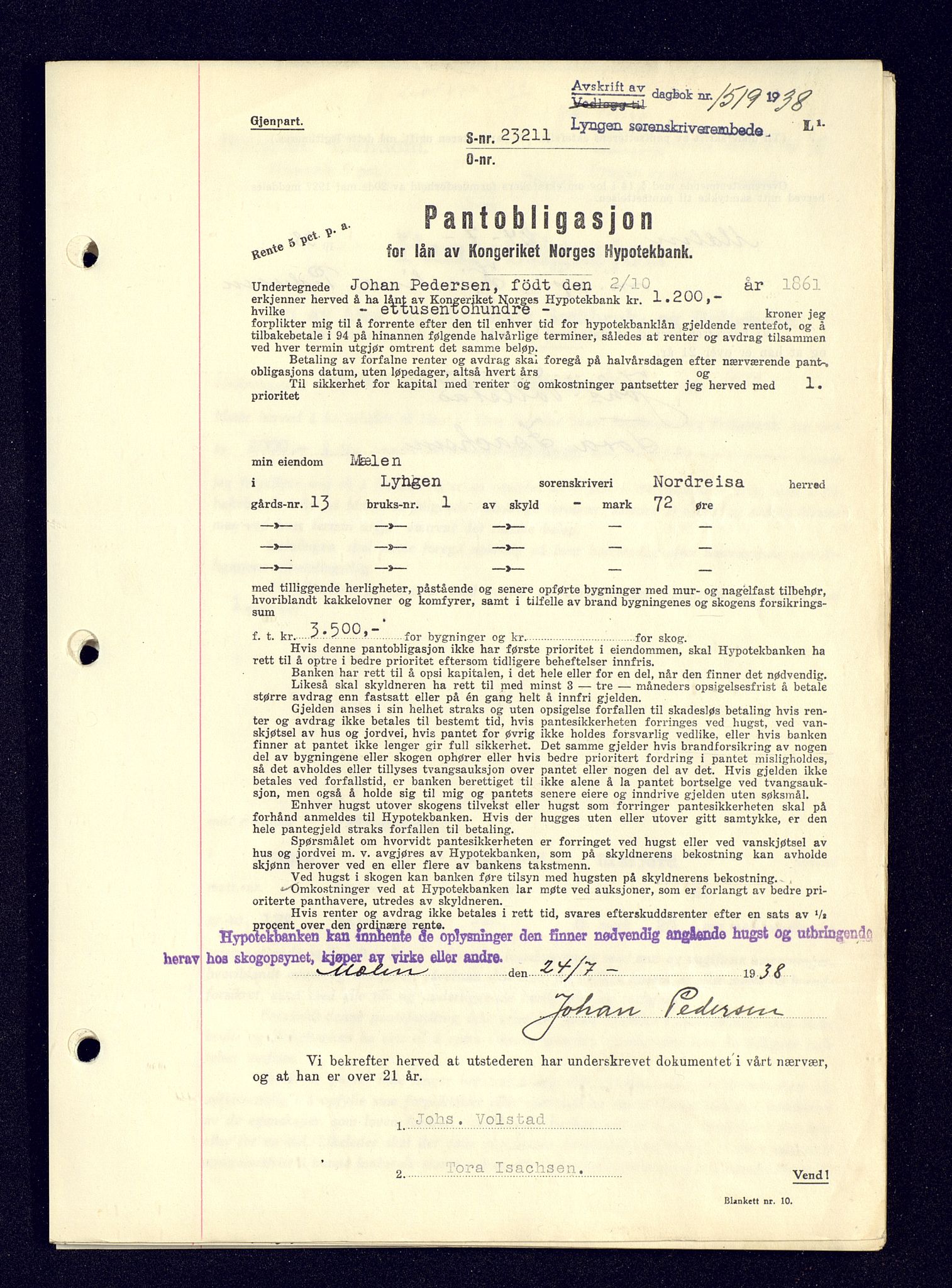 Lyngen sorenskriveri, AV/SATØ-SATØ-0052/1/G/Gf/L0001: Pantebok nr. B 25-31, 1936-1942, Dagboknr: 1519/1938