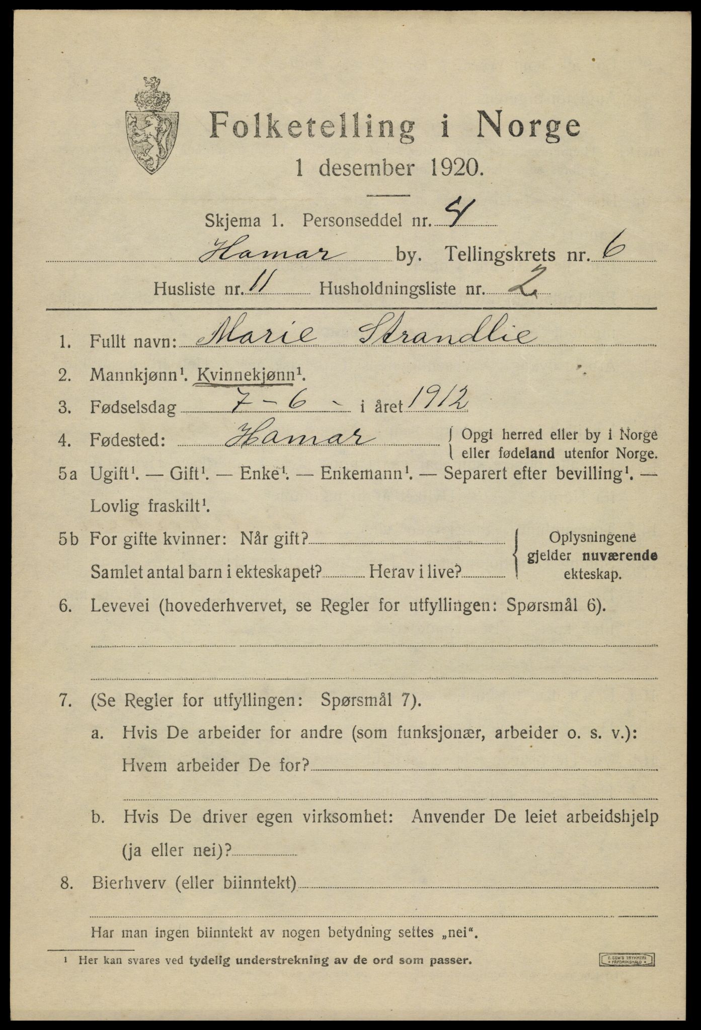 SAH, Folketelling 1920 for 0401 Hamar kjøpstad, 1920, s. 11285