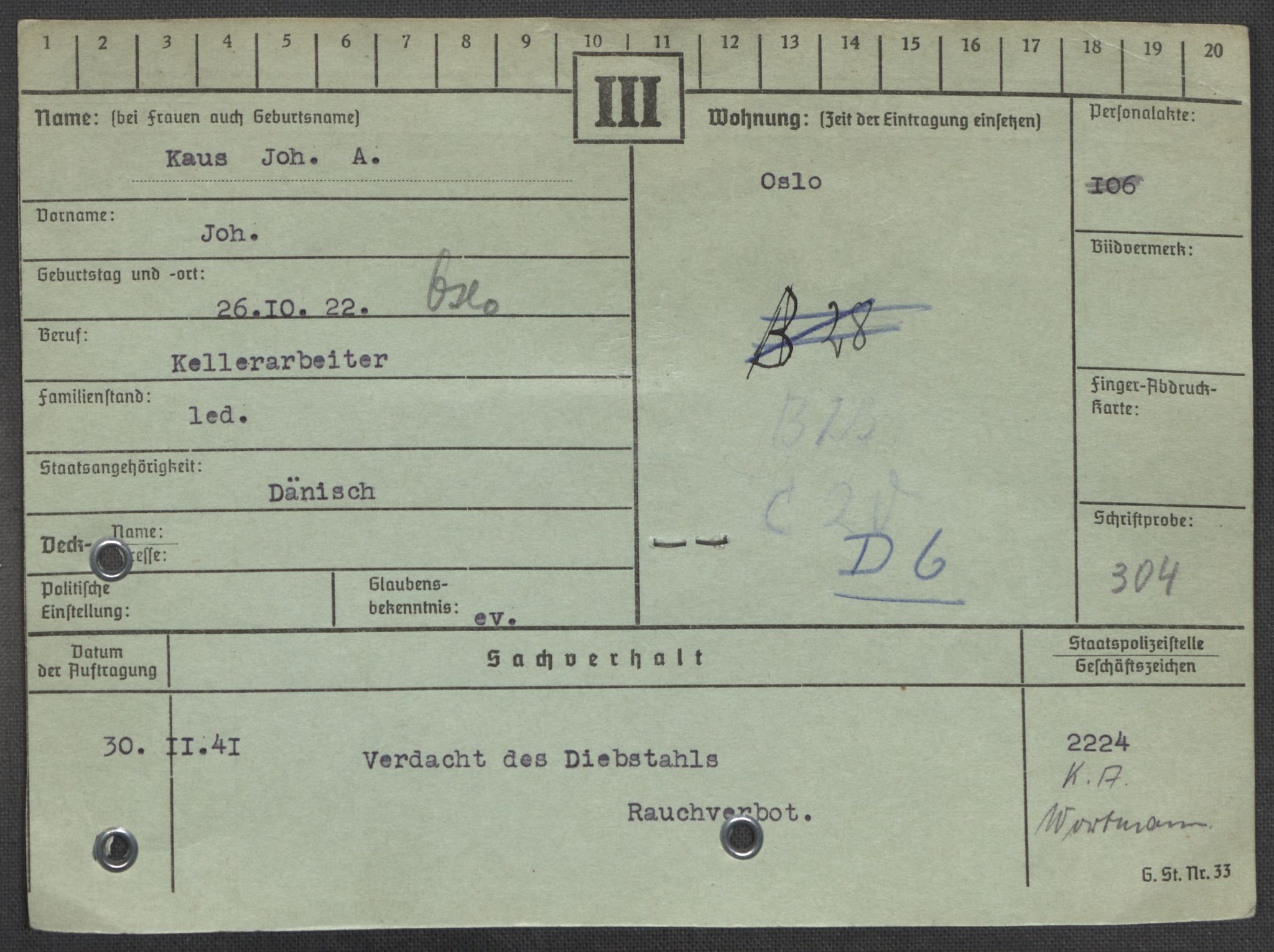 Befehlshaber der Sicherheitspolizei und des SD, AV/RA-RAFA-5969/E/Ea/Eaa/L0005: Register over norske fanger i Møllergata 19: Hø-Kj, 1940-1945, s. 1307