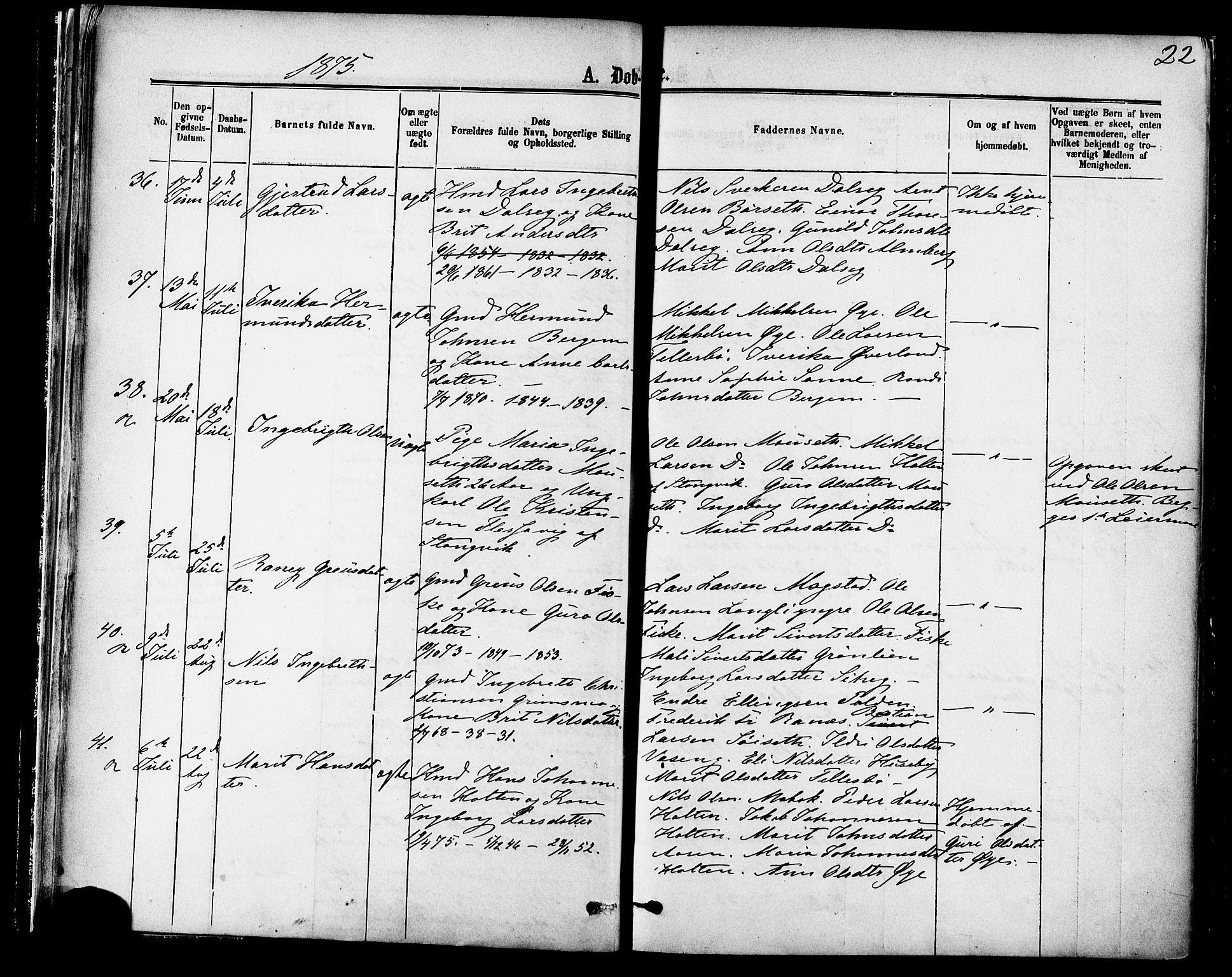 Ministerialprotokoller, klokkerbøker og fødselsregistre - Møre og Romsdal, AV/SAT-A-1454/595/L1046: Ministerialbok nr. 595A08, 1874-1884, s. 22