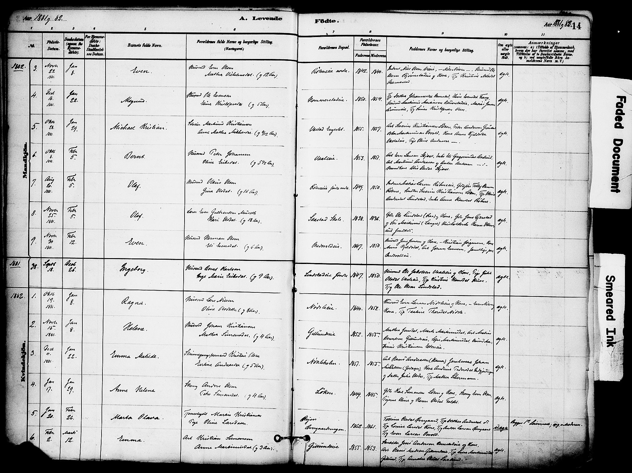 Stange prestekontor, SAH/PREST-002/K/L0017: Ministerialbok nr. 17, 1880-1893, s. 14