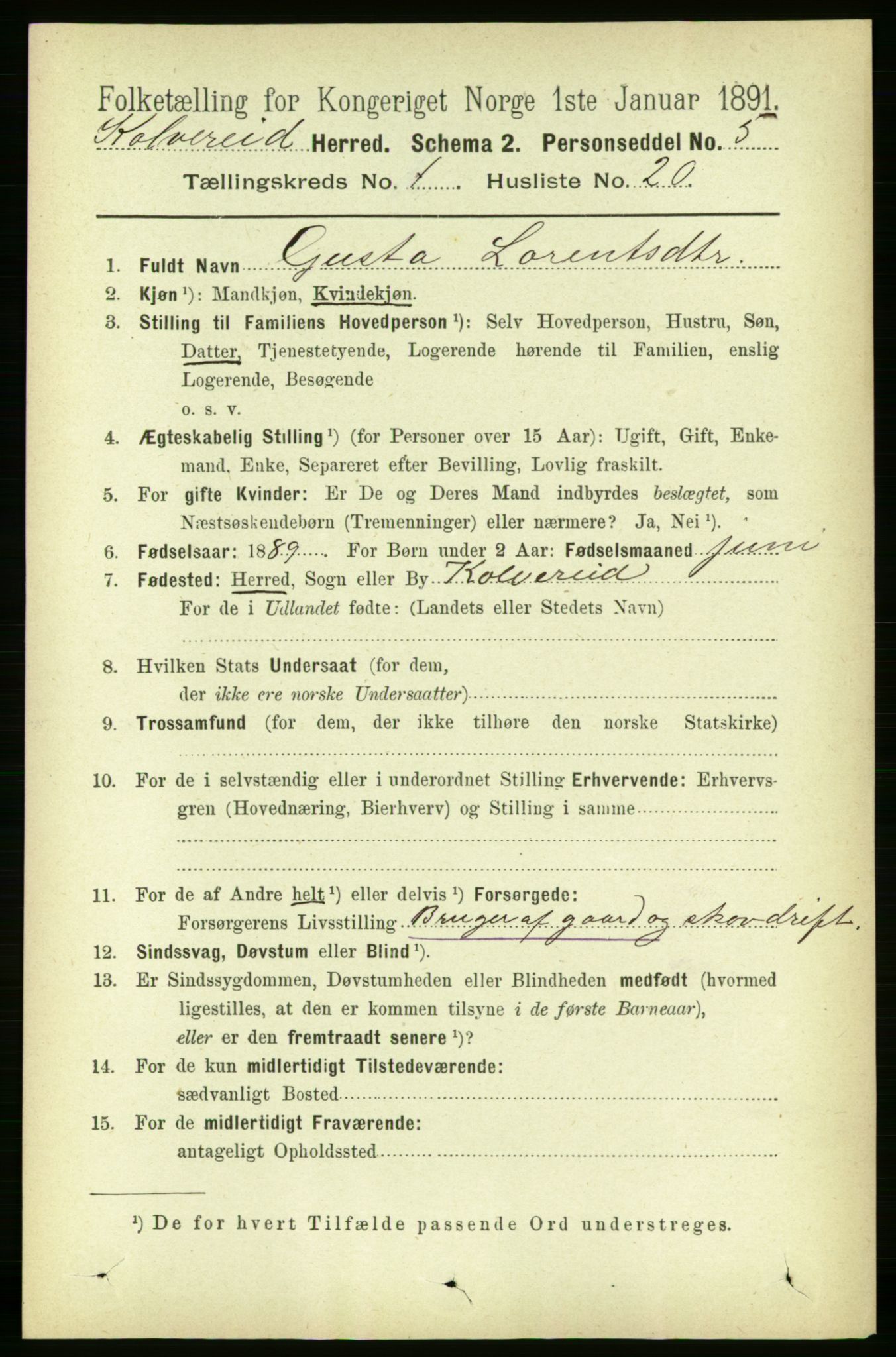 RA, Folketelling 1891 for 1752 Kolvereid herred, 1891, s. 226