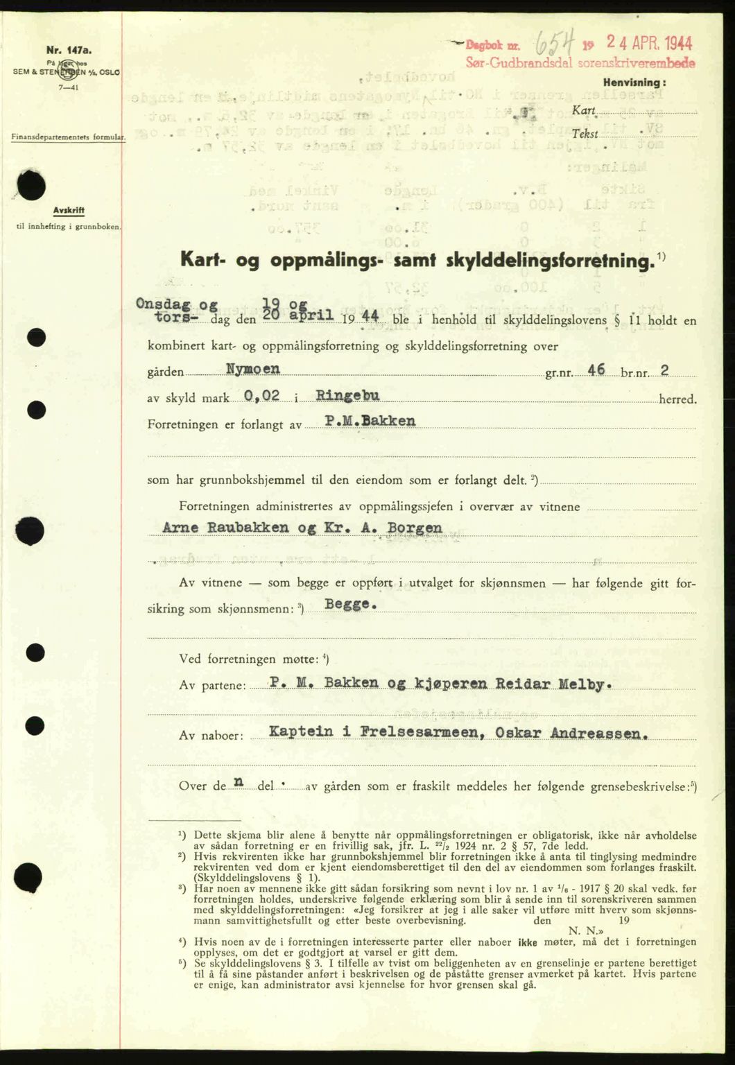 Sør-Gudbrandsdal tingrett, SAH/TING-004/H/Hb/Hbd/L0013: Pantebok nr. A13, 1944-1944, Dagboknr: 654/1944