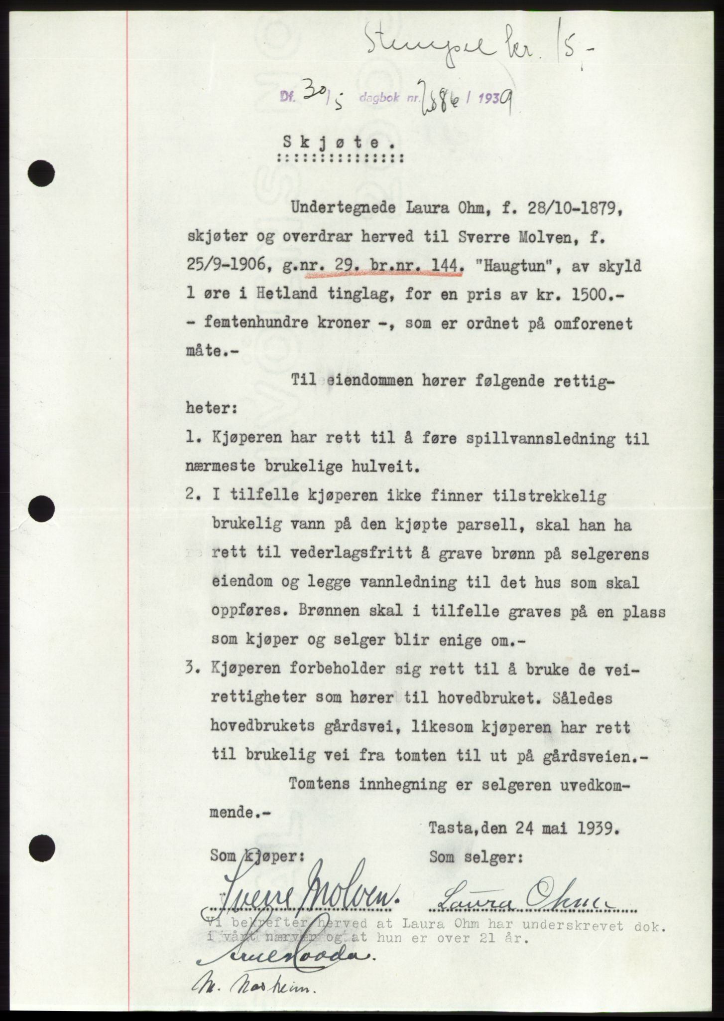 Jæren sorenskriveri, SAST/A-100310/03/G/Gba/L0074: Pantebok, 1939-1939, Dagboknr: 2886/1939
