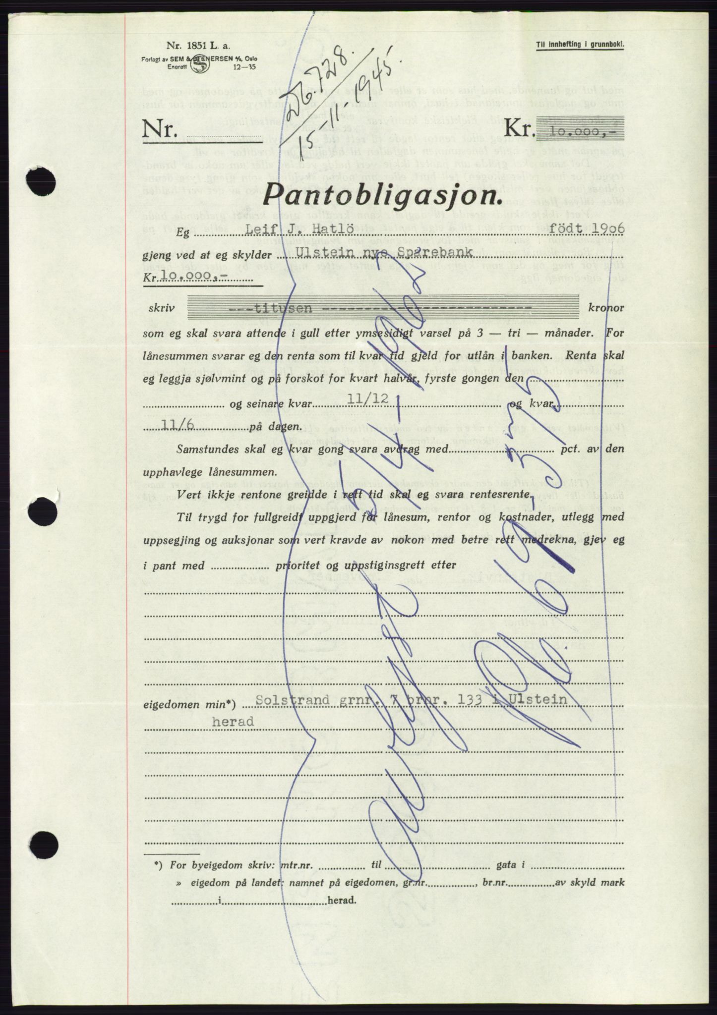 Søre Sunnmøre sorenskriveri, AV/SAT-A-4122/1/2/2C/L0114: Pantebok nr. 1-2B, 1943-1947, Dagboknr: 728/1945