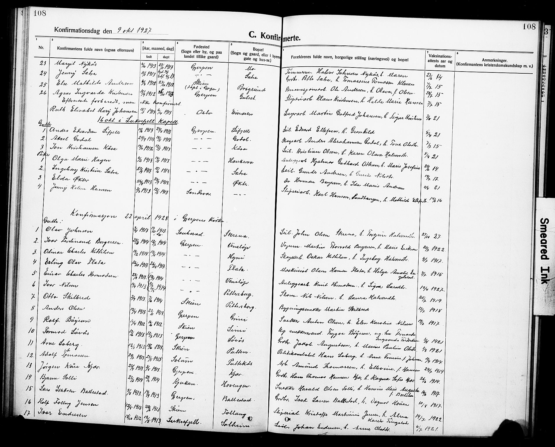 Gjerpen kirkebøker, AV/SAKO-A-265/G/Ga/L0004: Klokkerbok nr. I 4, 1920-1931, s. 108