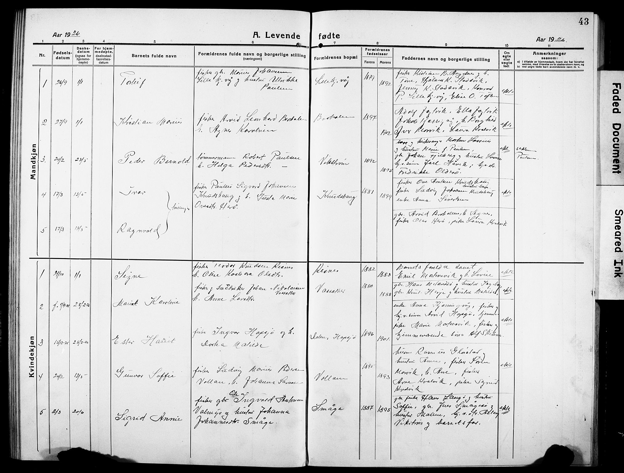 Ministerialprotokoller, klokkerbøker og fødselsregistre - Sør-Trøndelag, AV/SAT-A-1456/634/L0543: Klokkerbok nr. 634C05, 1917-1928, s. 43