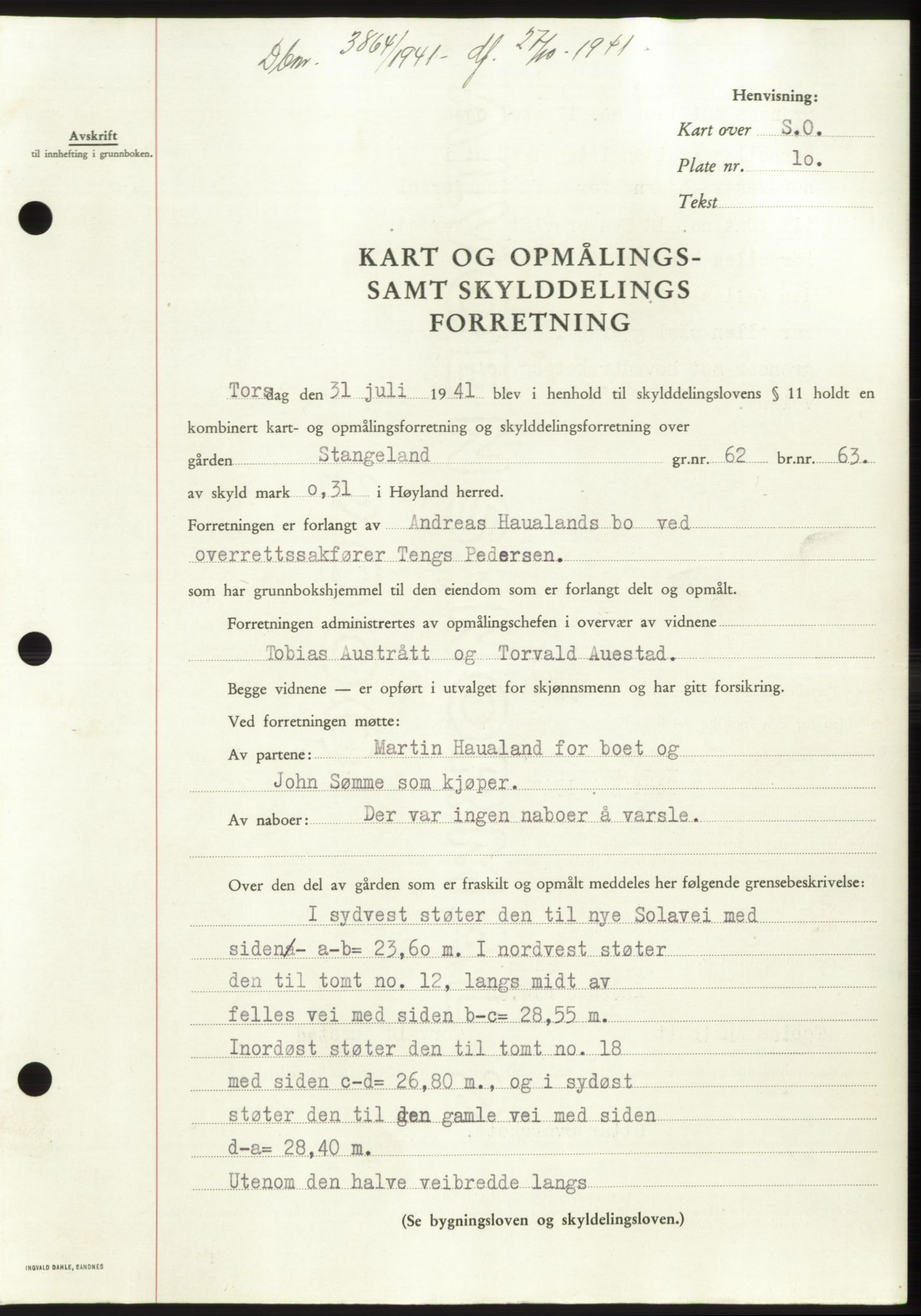 Jæren sorenskriveri, SAST/A-100310/03/G/Gba/L0081: Pantebok, 1941-1941, Dagboknr: 3864/1941