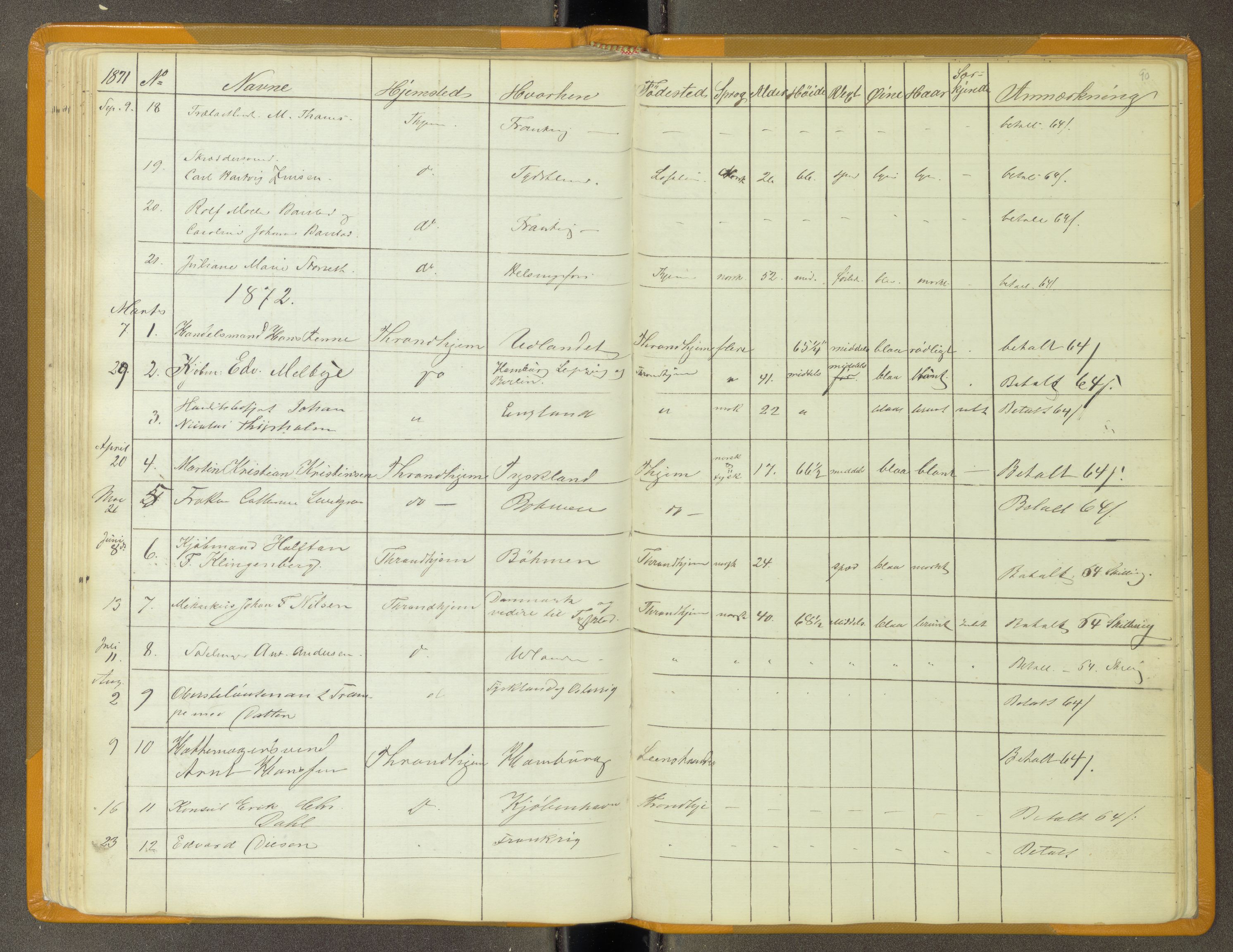 Trondheim politikammer, AV/SAT-A-1887/1/30/L0011: Passprotokoll. Utstedte pass 1855-1890. Utstede og forviste handelsbrev 1857-1860, 1855-1890, s. 89b-90a