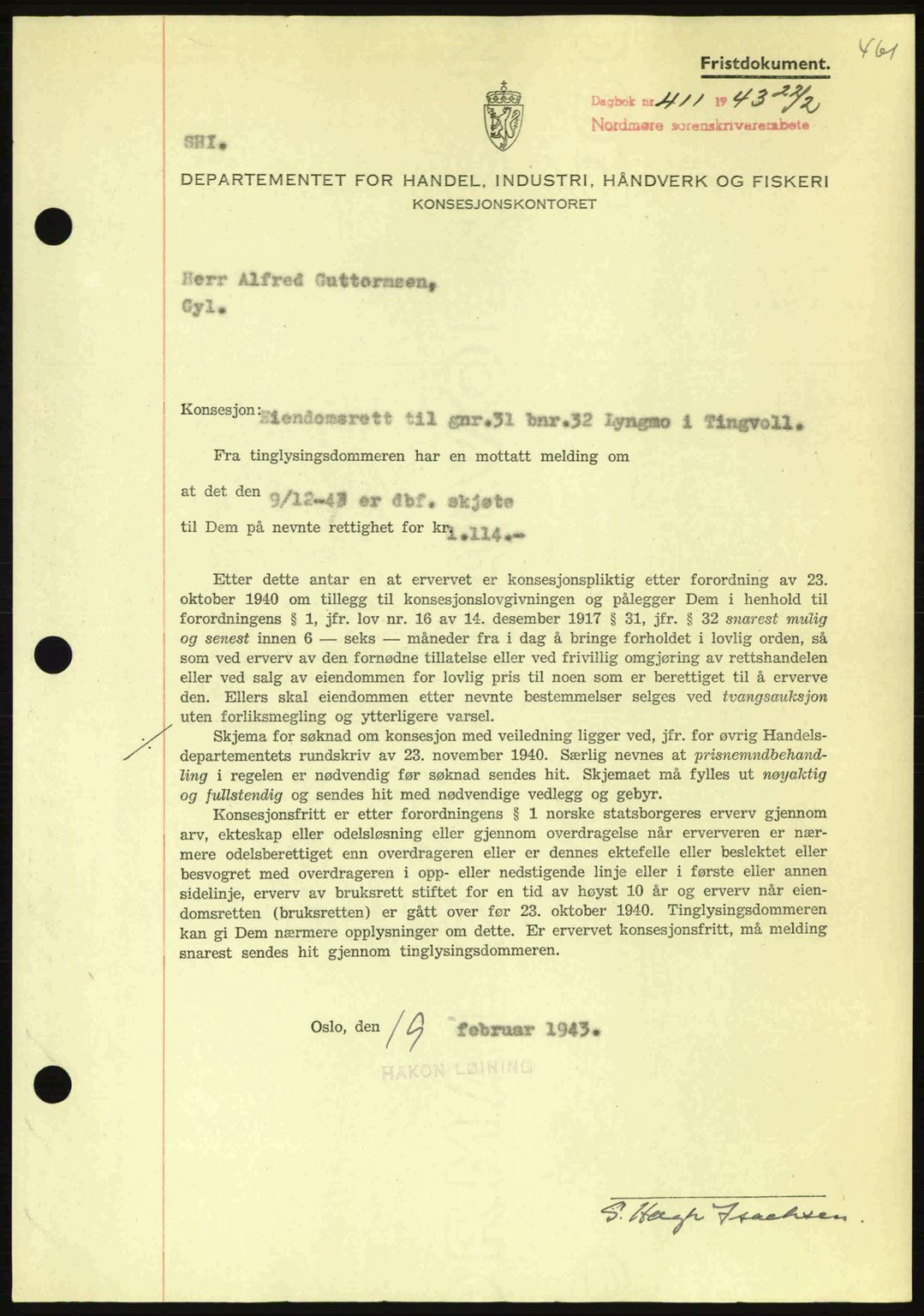 Nordmøre sorenskriveri, SAT/A-4132/1/2/2Ca: Pantebok nr. B90, 1942-1943, Dagboknr: 411/1943