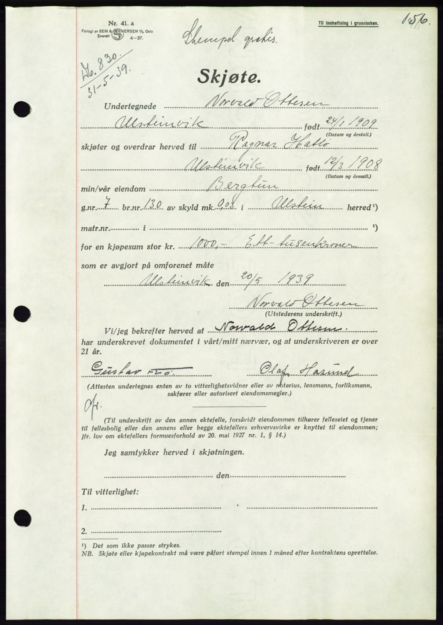 Søre Sunnmøre sorenskriveri, AV/SAT-A-4122/1/2/2C/L0068: Pantebok nr. 62, 1939-1939, Dagboknr: 830/1939