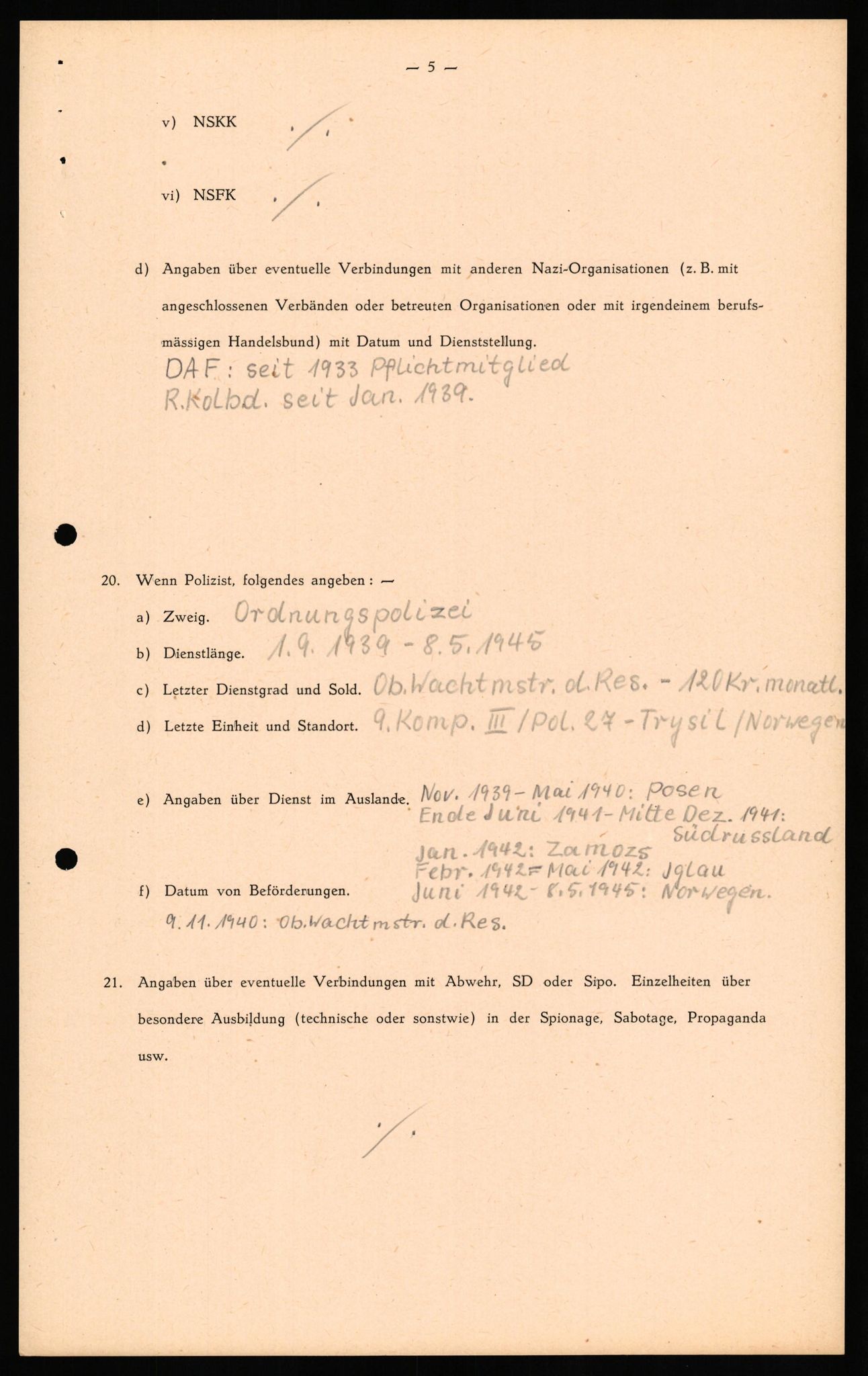 Forsvaret, Forsvarets overkommando II, RA/RAFA-3915/D/Db/L0027: CI Questionaires. Tyske okkupasjonsstyrker i Norge. Tyskere., 1945-1946, s. 121