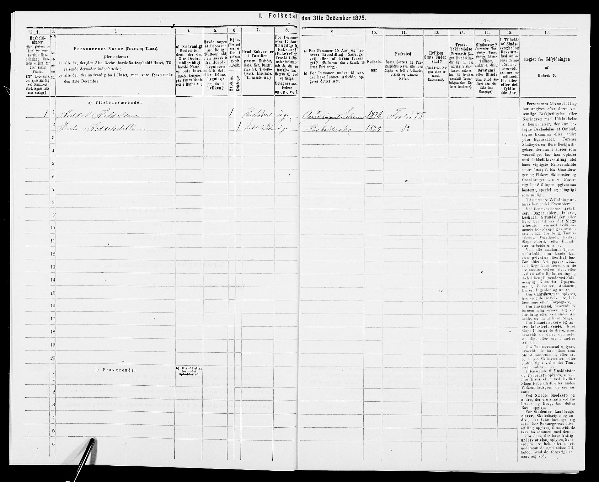 SAK, Folketelling 1875 for 0919P Froland prestegjeld, 1875, s. 292