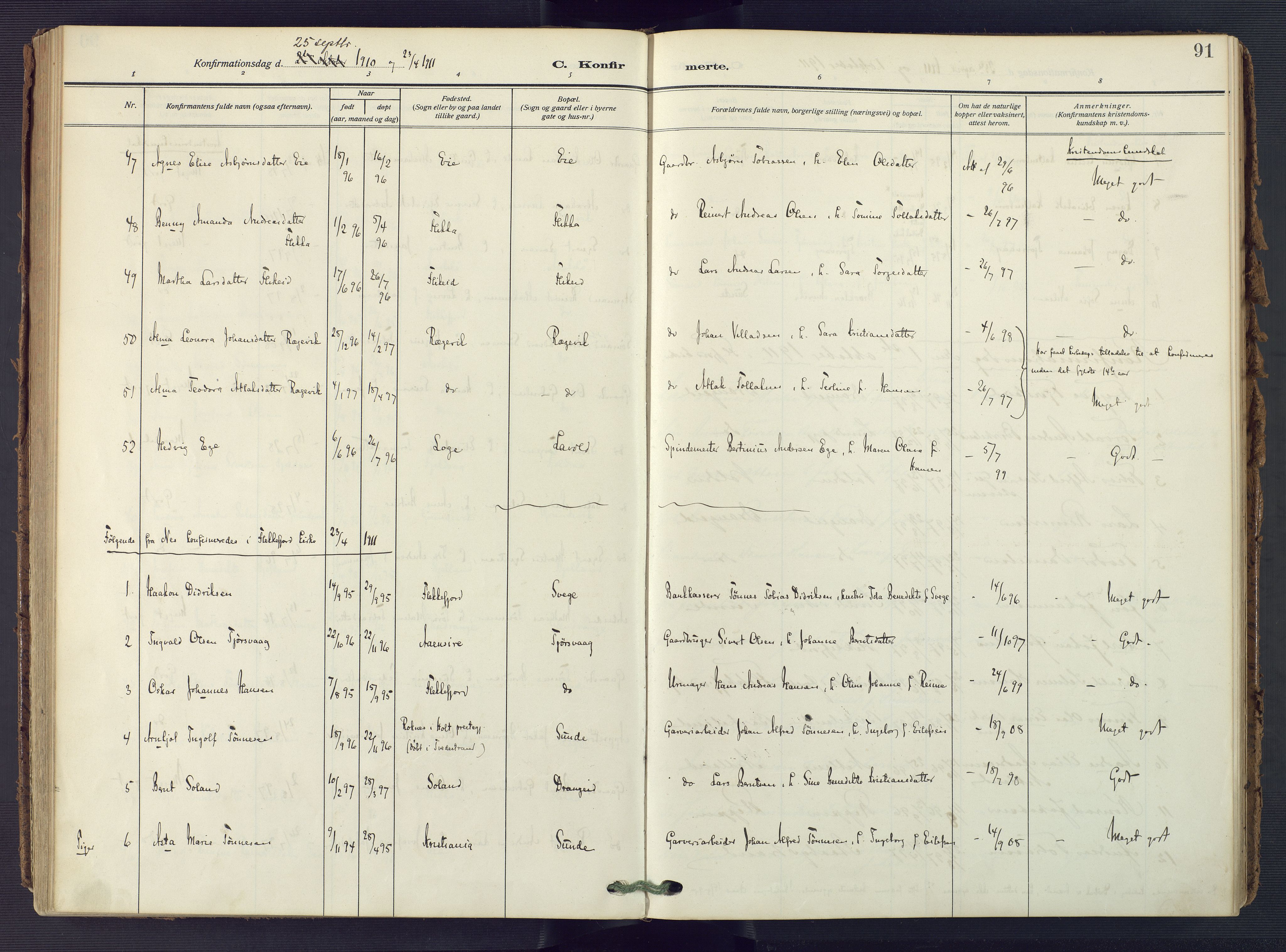 Flekkefjord sokneprestkontor, AV/SAK-1111-0012/F/Fa/Fac/L0010: Ministerialbok nr. A 10, 1910-1927, s. 91