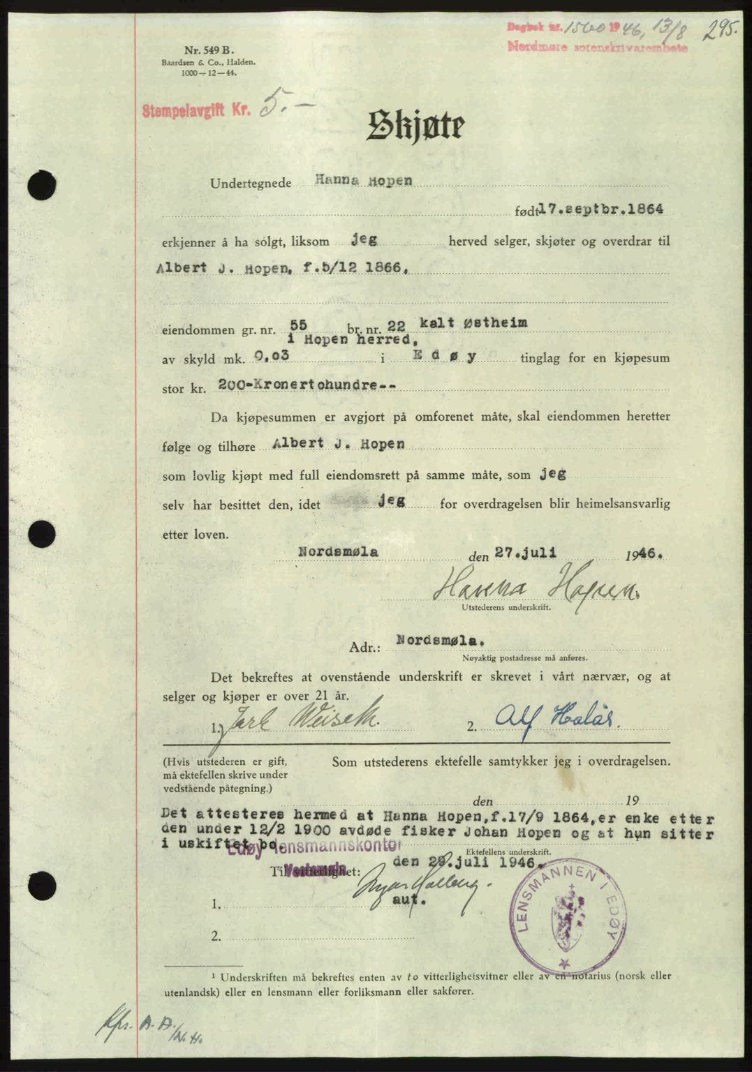 Nordmøre sorenskriveri, SAT/A-4132/1/2/2Ca: Pantebok nr. A102, 1946-1946, Dagboknr: 1560/1946