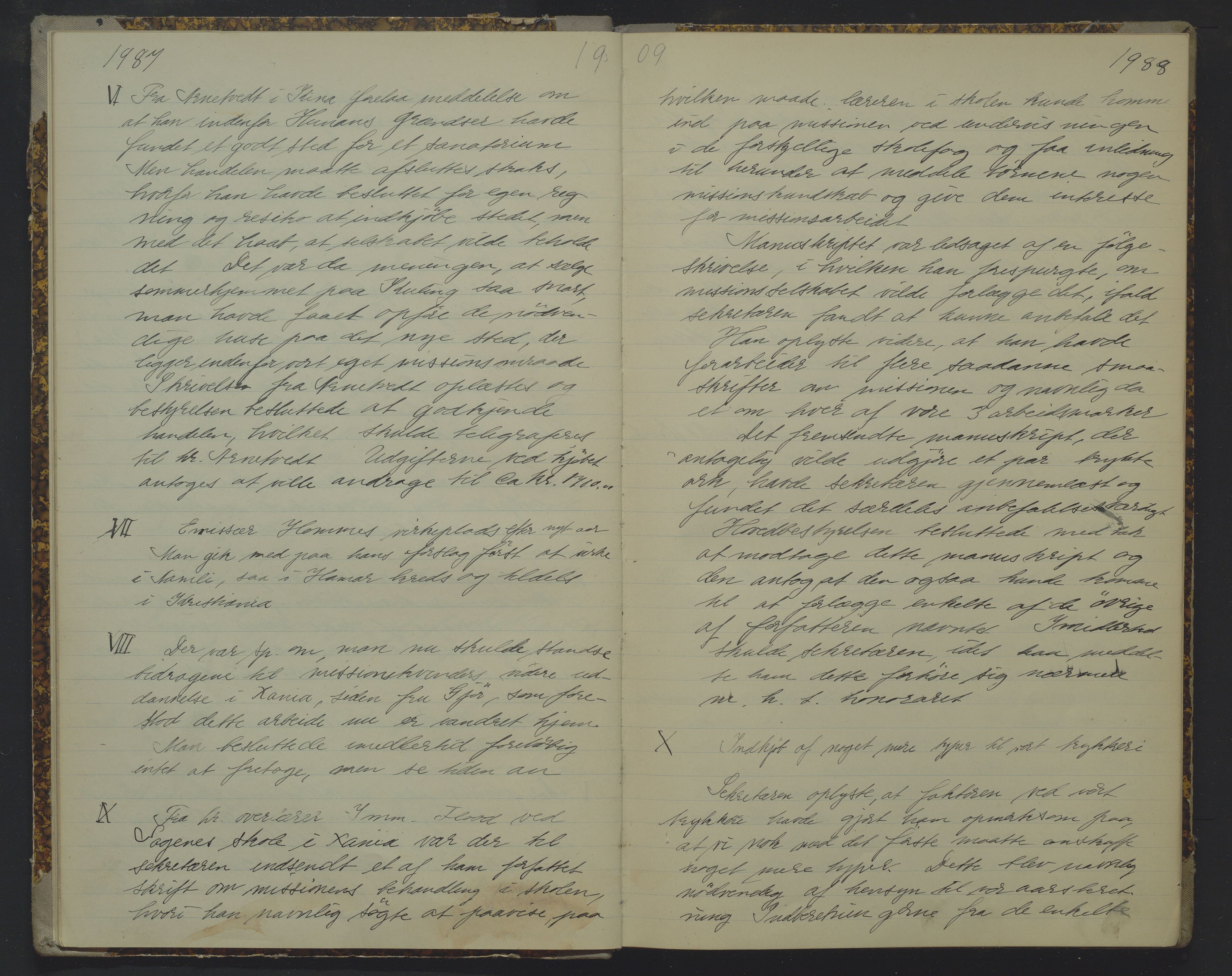 Det Norske Misjonsselskap - hovedadministrasjonen, VID/MA-A-1045/D/Da/Daa/L0019: Styreprotokoll nr. XIII, 25. oktober 1909 - 29. januar 1912, 1909-1912, s. 1987-1988