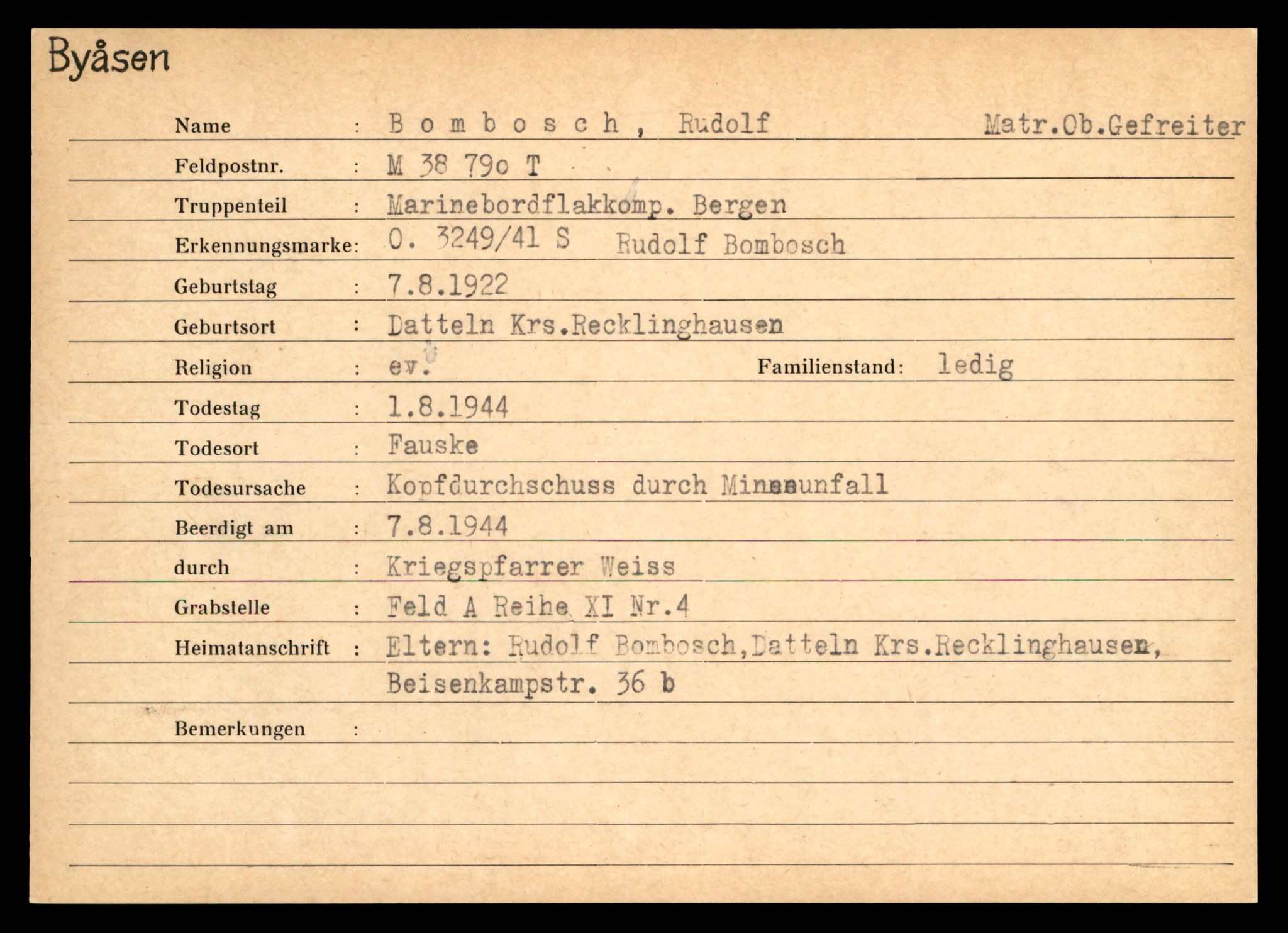 Distriktskontoret for krigsgraver, AV/SAT-A-5030/E/L0004: Kasett/kartotek over tysk Krigskirkegård på Byåsen, 1945, s. 141