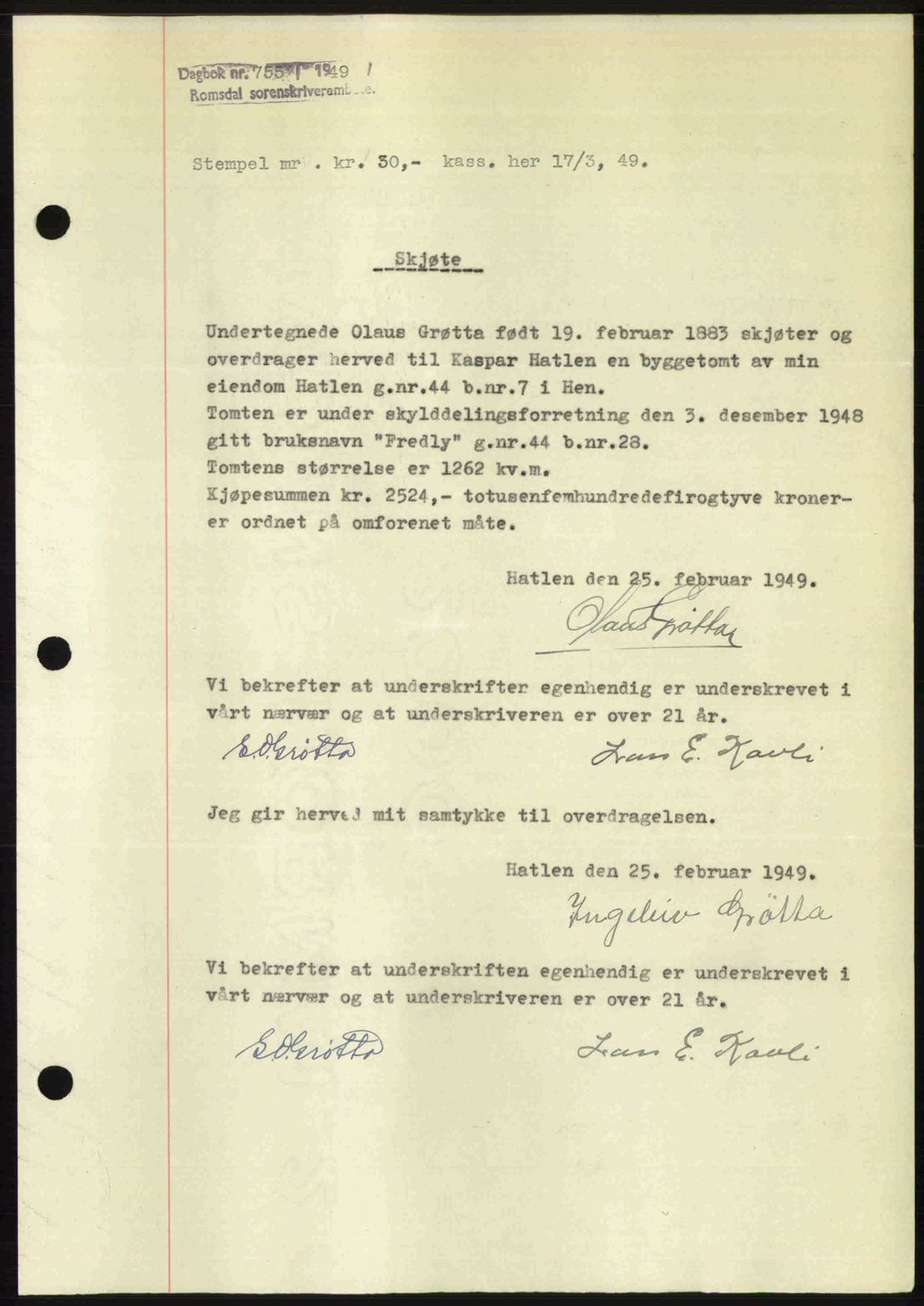 Romsdal sorenskriveri, SAT/A-4149/1/2/2C: Pantebok nr. A29, 1949-1949, Dagboknr: 755/1949