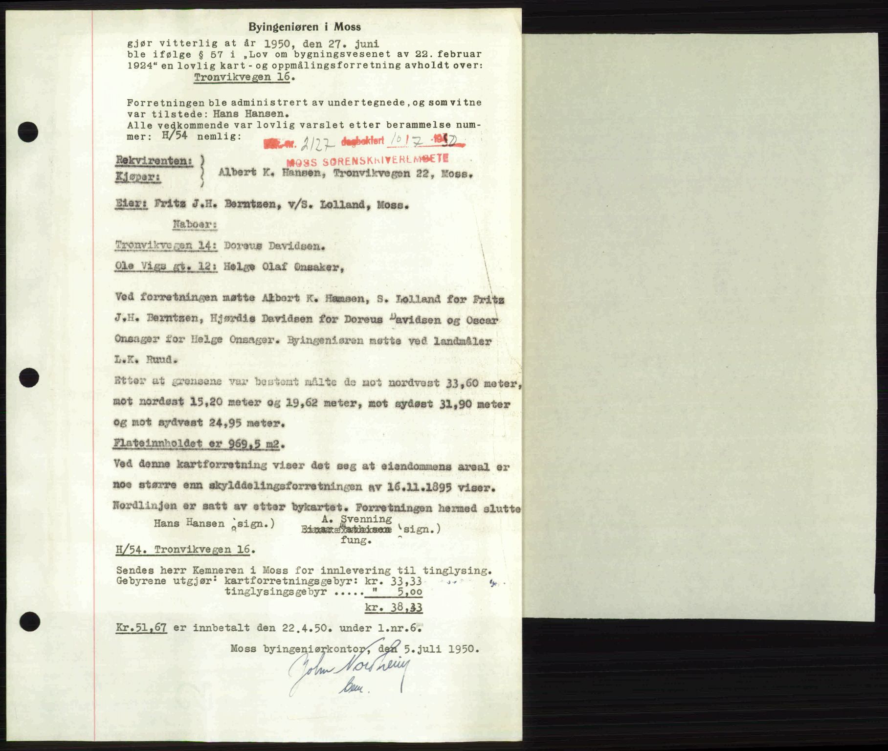 Moss sorenskriveri, SAO/A-10168: Pantebok nr. A26, 1950-1950, Dagboknr: 2127/1950