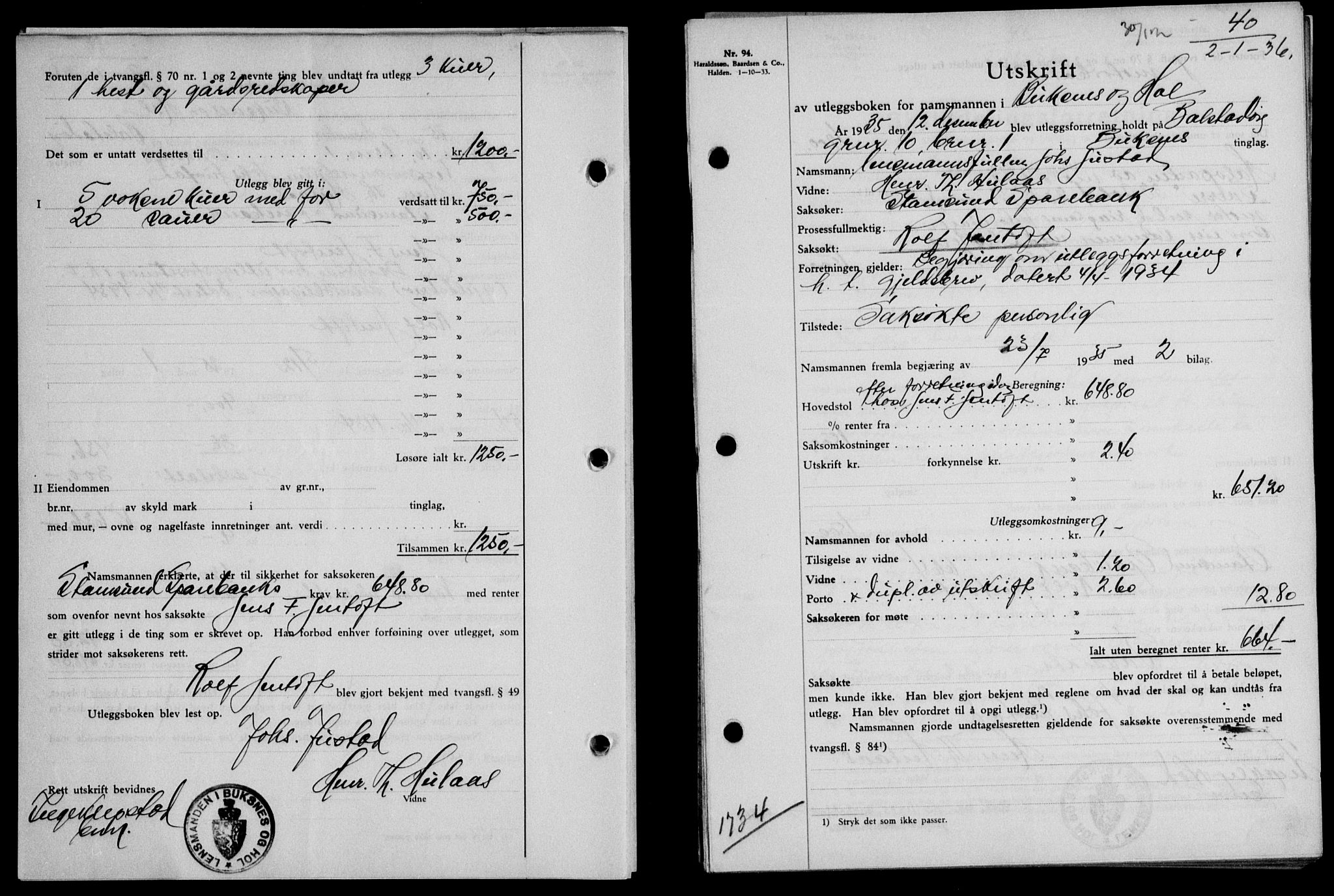 Lofoten sorenskriveri, SAT/A-0017/1/2/2C/L0033b: Pantebok nr. 33b, 1936-1936, Dagboknr: 40/1936