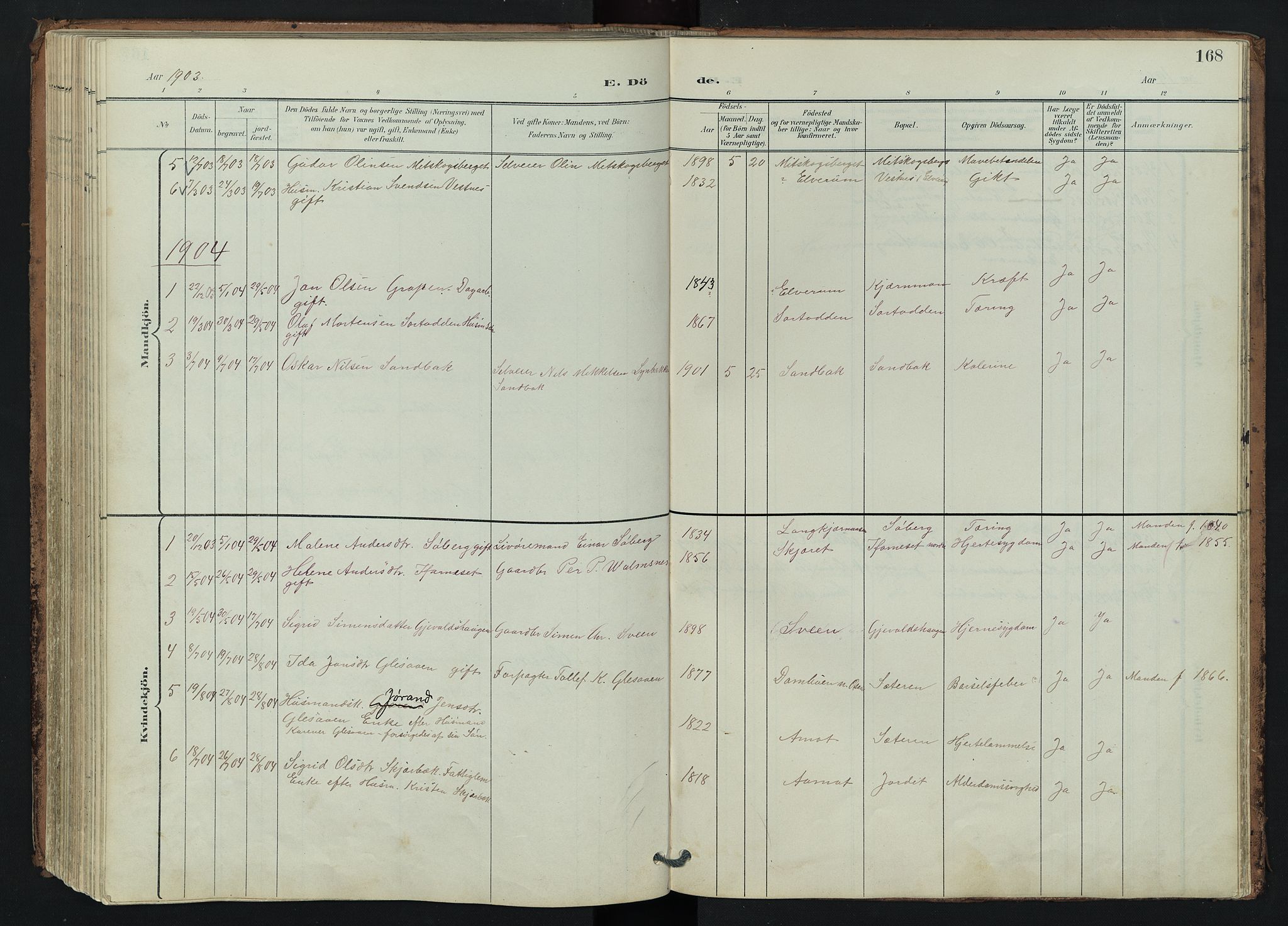 Trysil prestekontor, SAH/PREST-046/H/Ha/Hab/L0007: Klokkerbok nr. 7, 1896-1948, s. 168