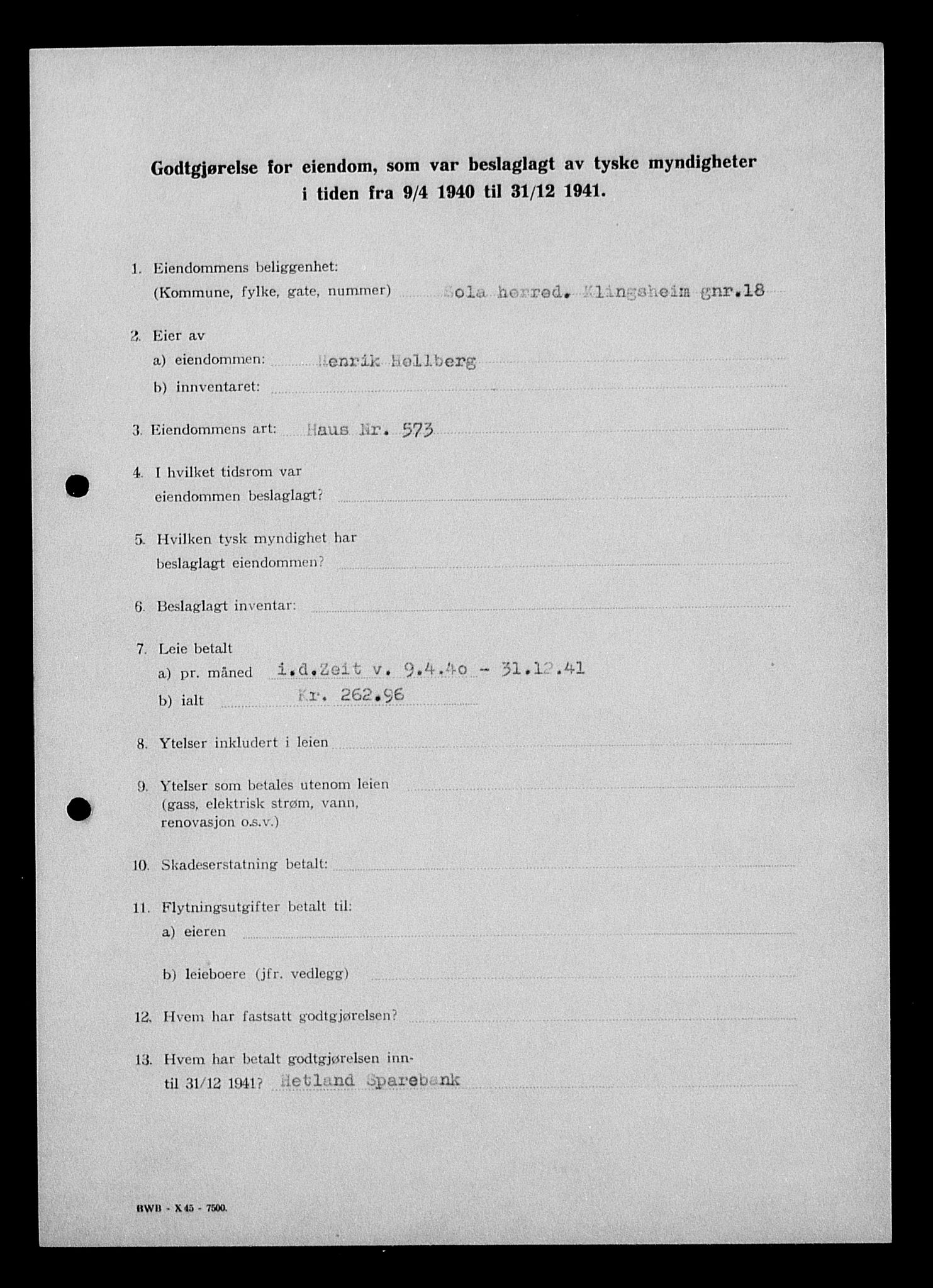 Justisdepartementet, Tilbakeføringskontoret for inndratte formuer, AV/RA-S-1564/I/L1014: Godtgjørelse for beslaglagt eiendom, 1940-1941, s. 310