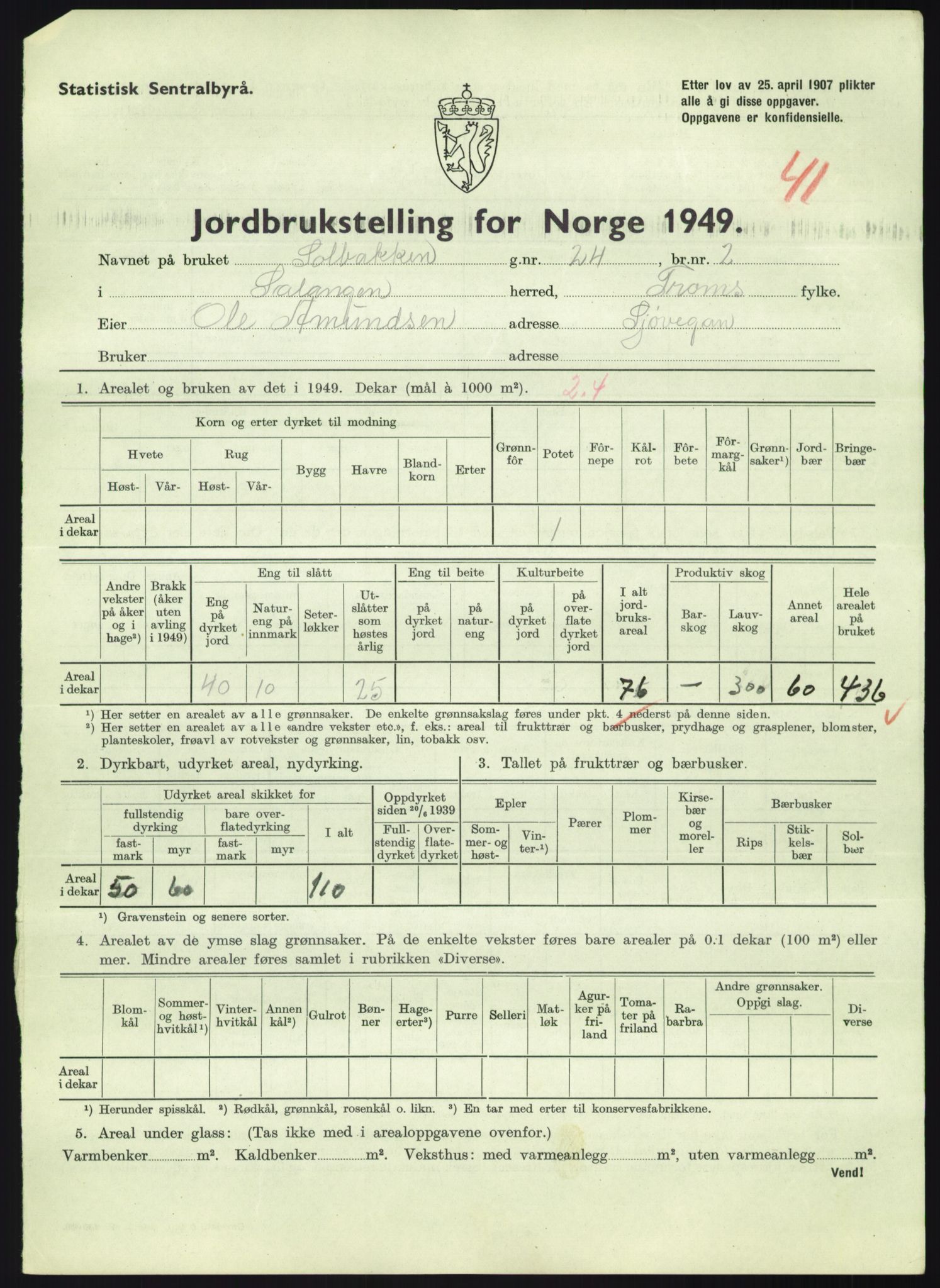 Statistisk sentralbyrå, Næringsøkonomiske emner, Jordbruk, skogbruk, jakt, fiske og fangst, AV/RA-S-2234/G/Gc/L0438: Troms: Salangen og Bardu, 1949, s. 855