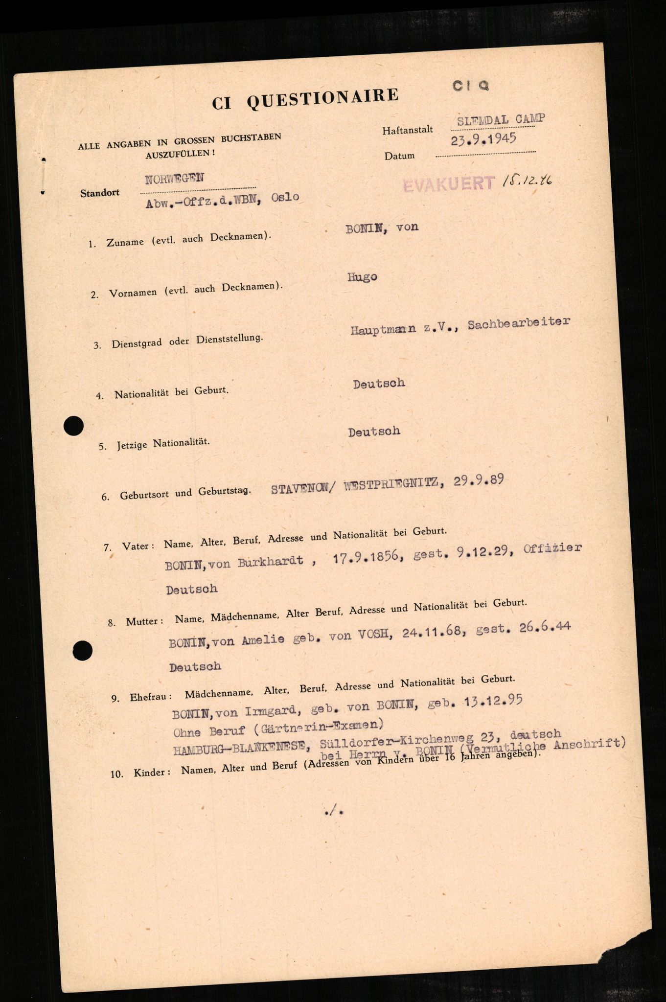 Forsvaret, Forsvarets overkommando II, RA/RAFA-3915/D/Db/L0003: CI Questionaires. Tyske okkupasjonsstyrker i Norge. Tyskere., 1945-1946, s. 585