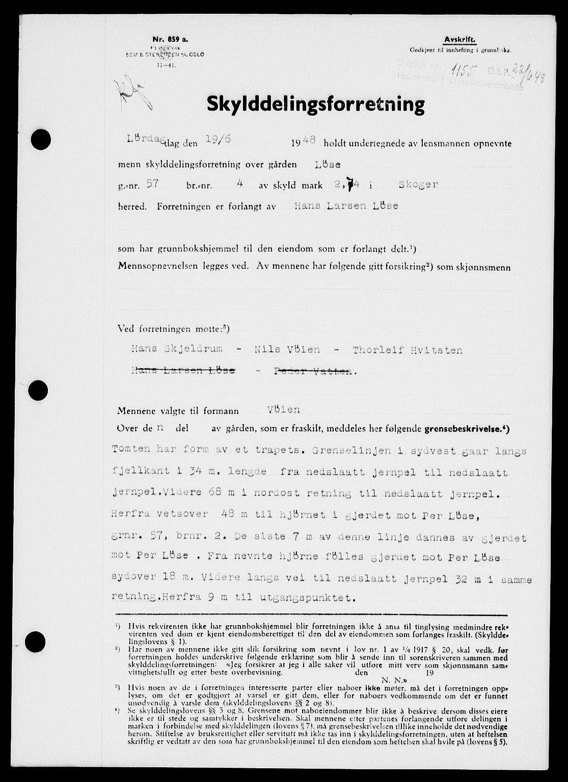 Holmestrand sorenskriveri, SAKO/A-67/G/Ga/Gaa/L0064: Pantebok nr. A-64, 1948-1948, Dagboknr: 1155/1948