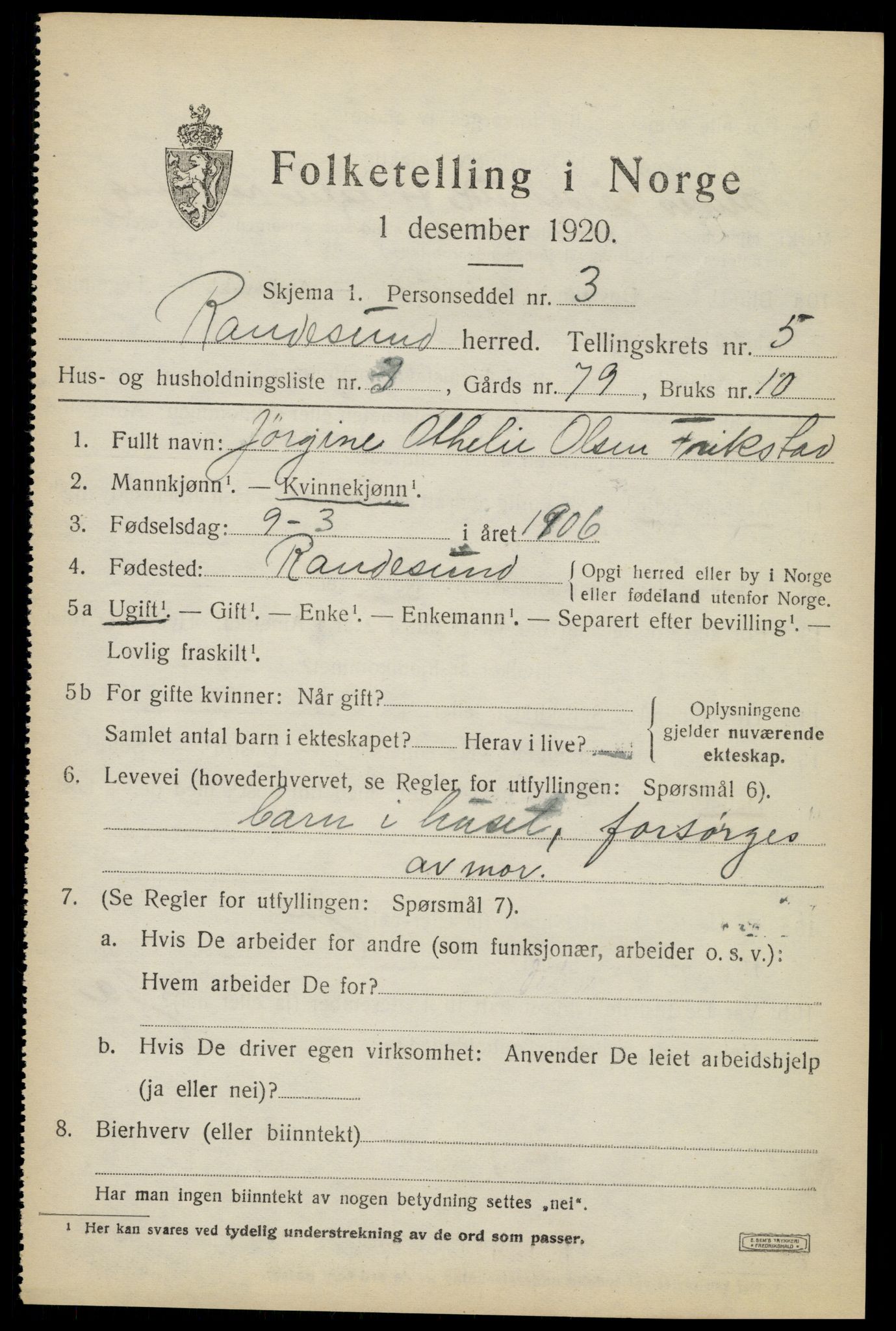 SAK, Folketelling 1920 for 1011 Randesund herred, 1920, s. 2336