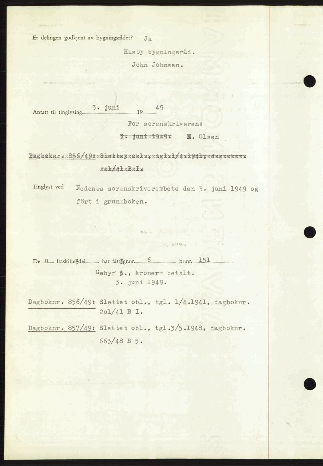 Nedenes sorenskriveri, AV/SAK-1221-0006/G/Gb/Gba/L0060: Pantebok nr. A12, 1948-1949, Dagboknr: 855/1949