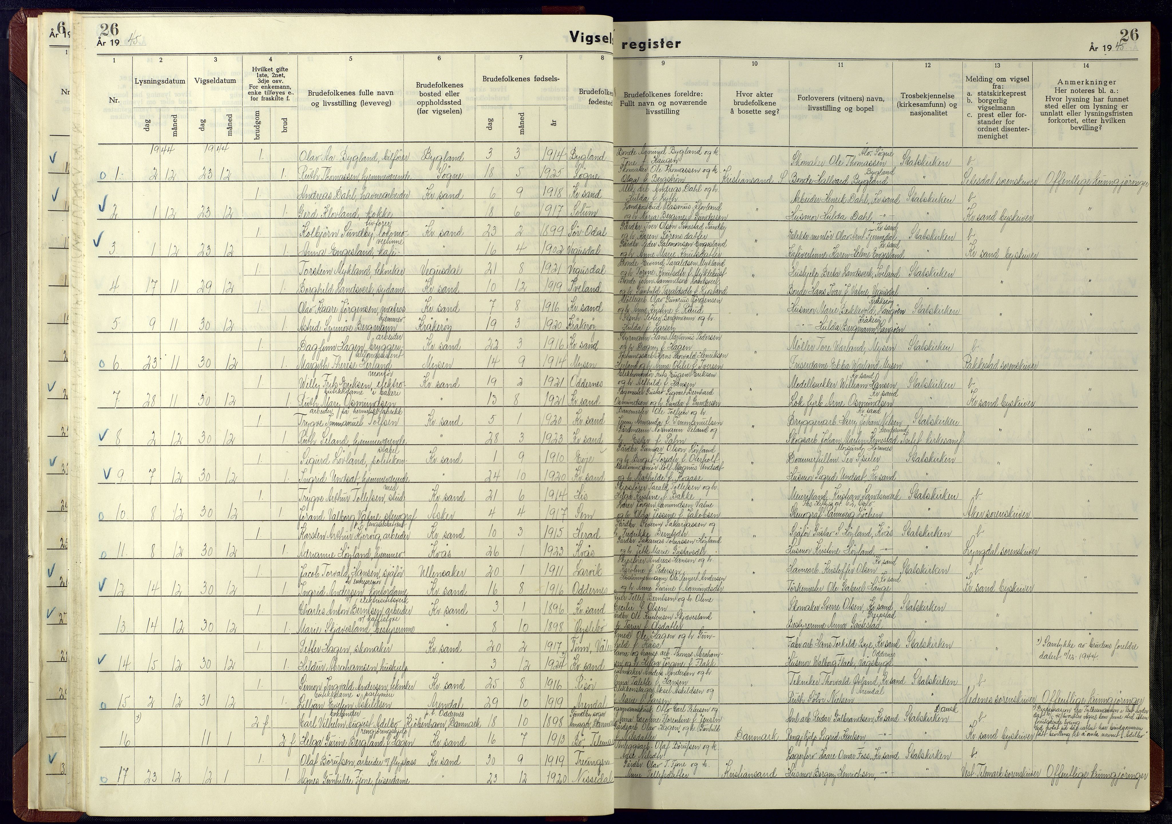 Kristiansand domprosti, AV/SAK-1112-0006/J/Ja/L0003: Vigselsregister nr. A-VI-15, 1942-1945, s. 26