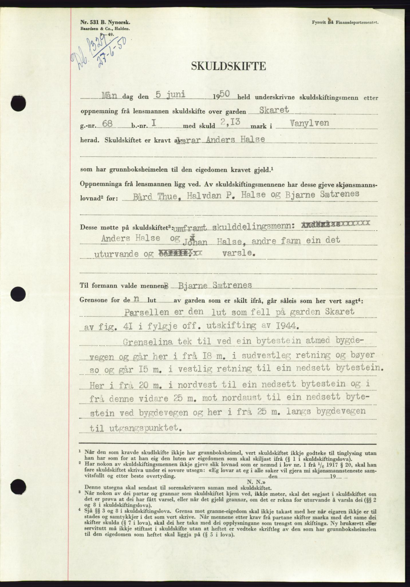 Søre Sunnmøre sorenskriveri, AV/SAT-A-4122/1/2/2C/L0087: Pantebok nr. 13A, 1950-1950, Dagboknr: 1329/1950