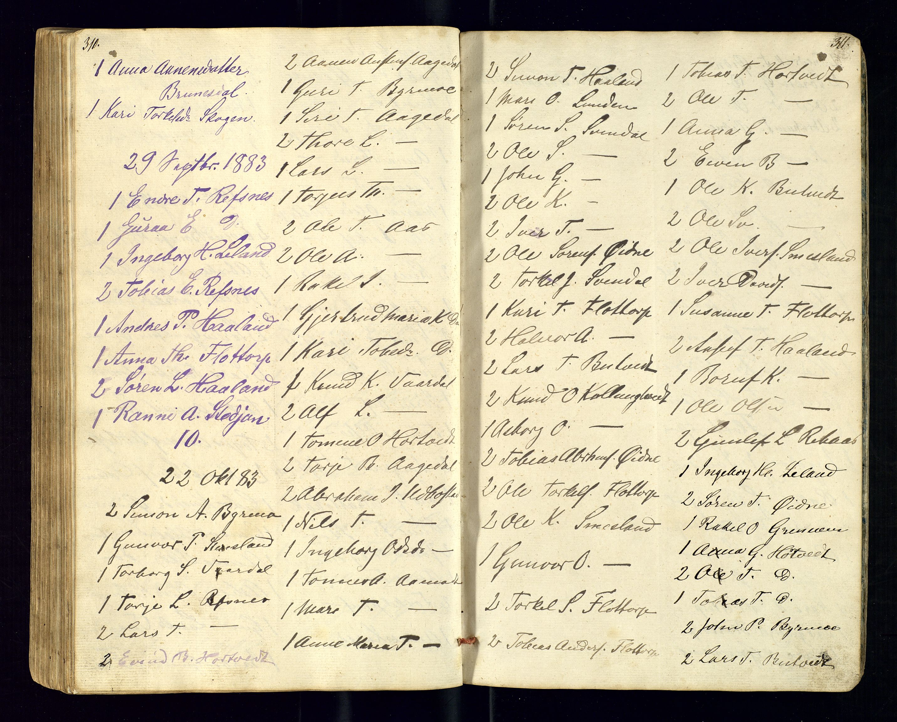 Bjelland sokneprestkontor, AV/SAK-1111-0005/F/Fc/Fcc/L0003: Kommunikantprotokoll nr. C-3, 1853-1883, s. 310-311