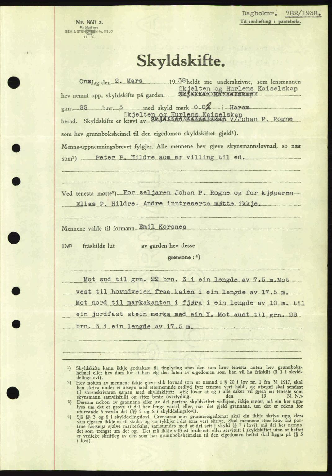 Nordre Sunnmøre sorenskriveri, AV/SAT-A-0006/1/2/2C/2Ca: Pantebok nr. A4, 1937-1938, Dagboknr: 782/1938