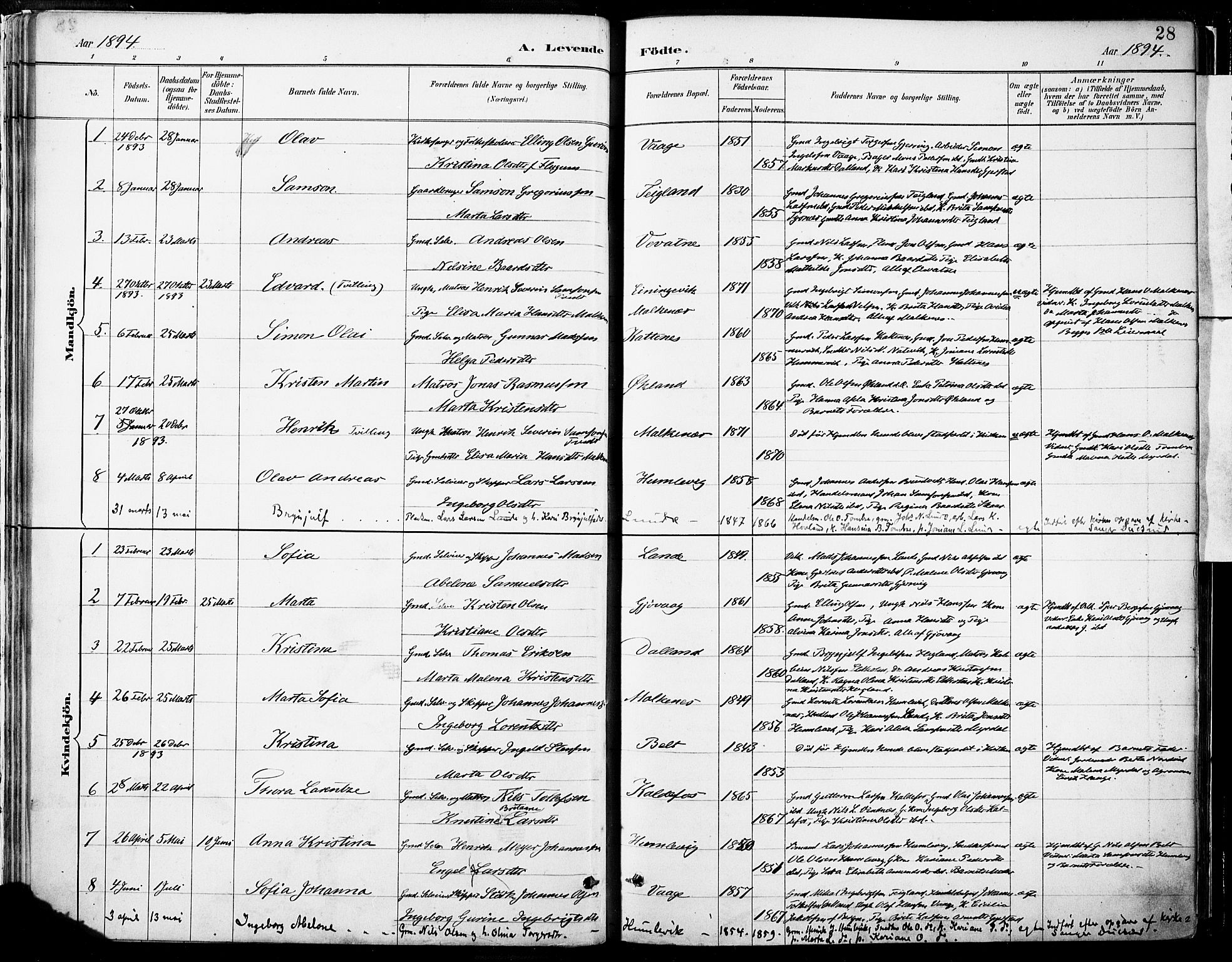 Tysnes sokneprestembete, AV/SAB-A-78601/H/Haa: Ministerialbok nr. B 1, 1887-1906, s. 28