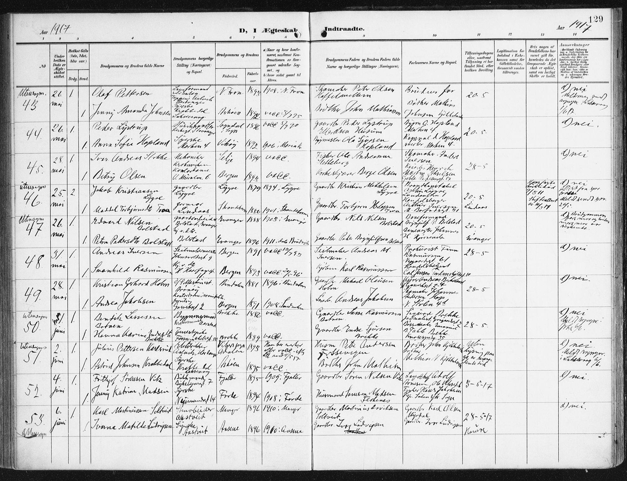 Domkirken sokneprestembete, AV/SAB-A-74801/H/Haa/L0038: Ministerialbok nr. D 5, 1906-1921, s. 129