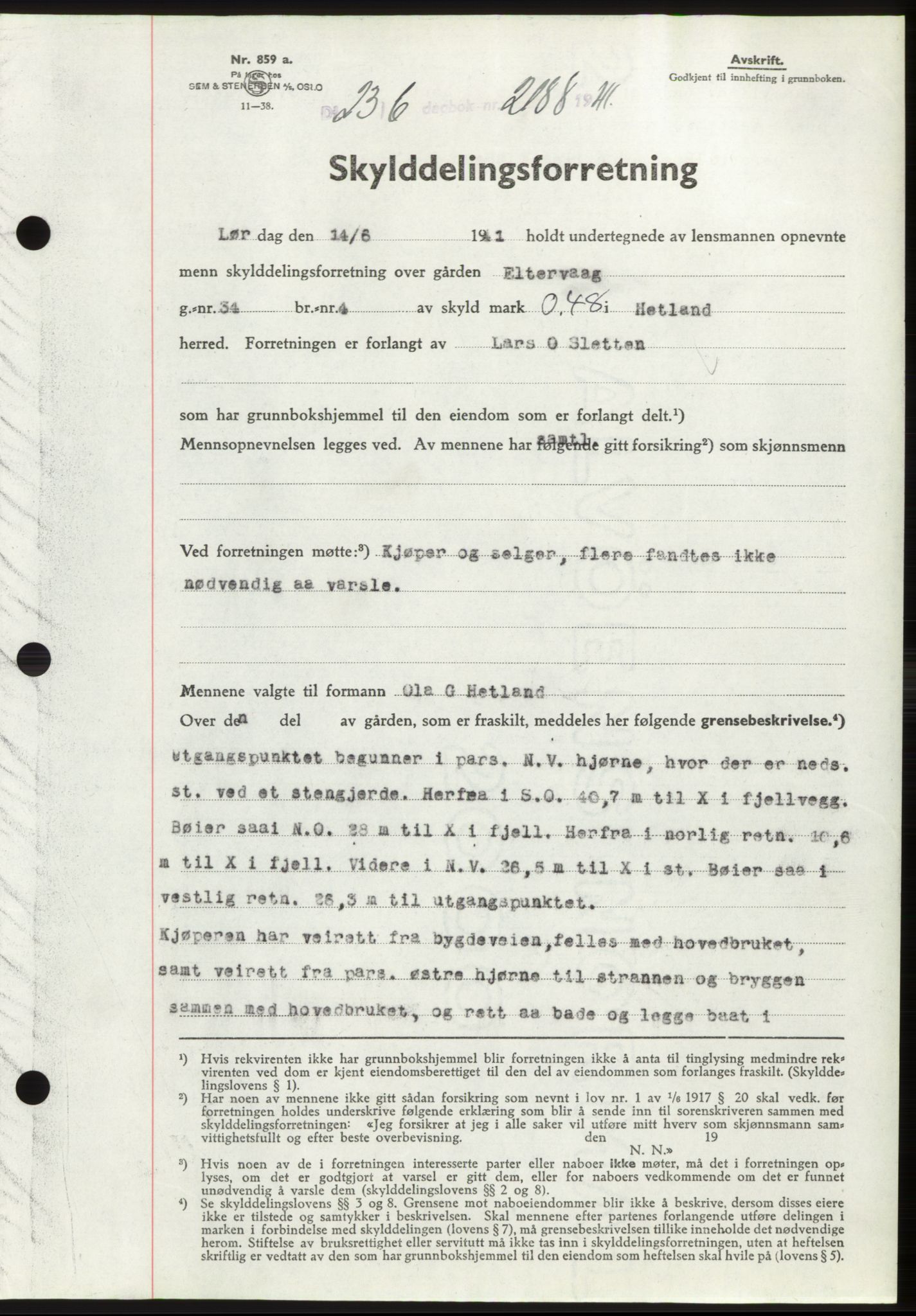 Jæren sorenskriveri, SAST/A-100310/03/G/Gba/L0080: Pantebok, 1941-1941, Dagboknr: 2188/1941