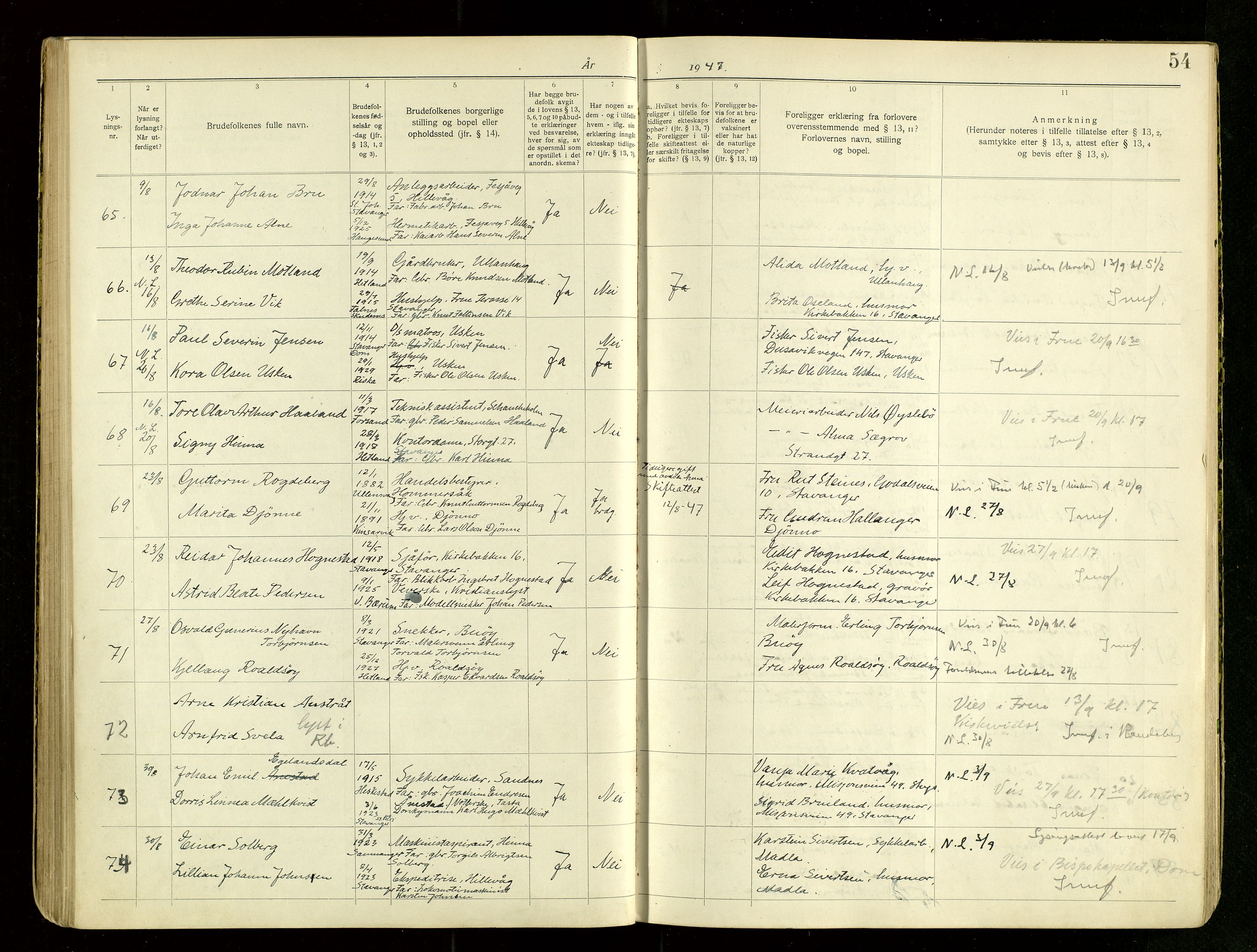 Hetland sokneprestkontor, AV/SAST-A-101826/70/705BA/L0007: Lysningsprotokoll nr. 7, 1939-1951, s. 54