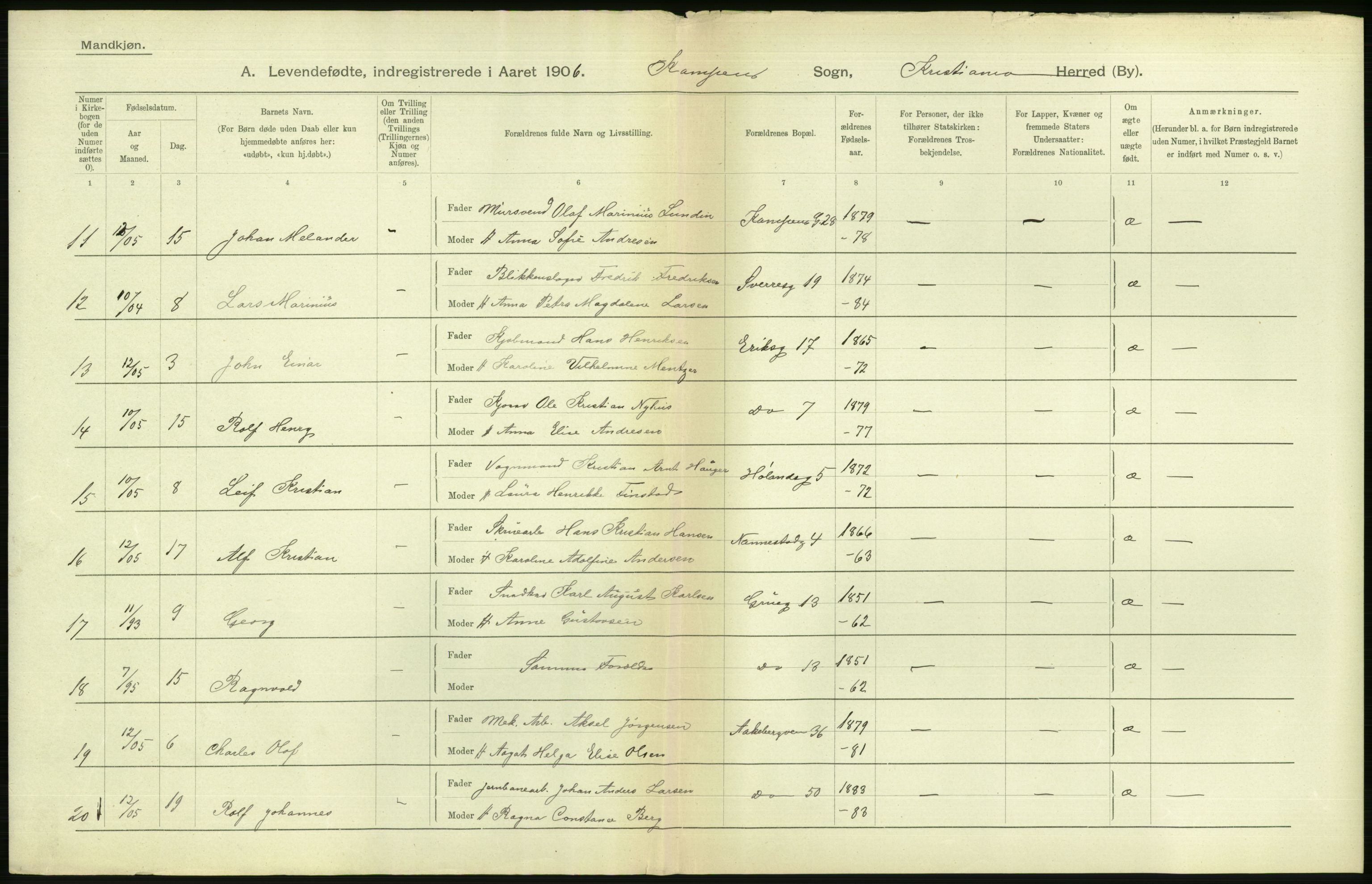 Statistisk sentralbyrå, Sosiodemografiske emner, Befolkning, AV/RA-S-2228/D/Df/Dfa/Dfad/L0007: Kristiania: Levendefødte menn og kvinner., 1906, s. 696